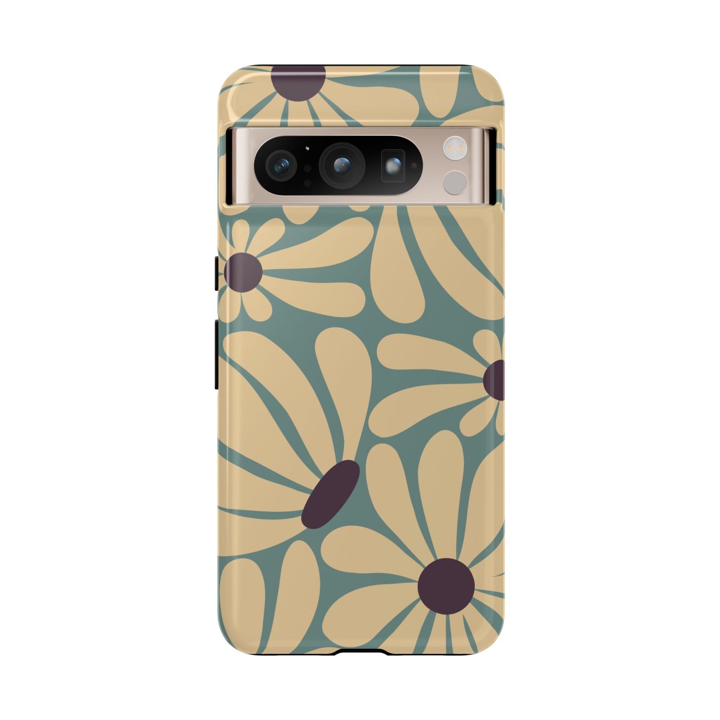Google Pixel 8 Pro / Glossy Phone Case - ’Retro Cream & Blue Daisy Pattern’ Phone Case