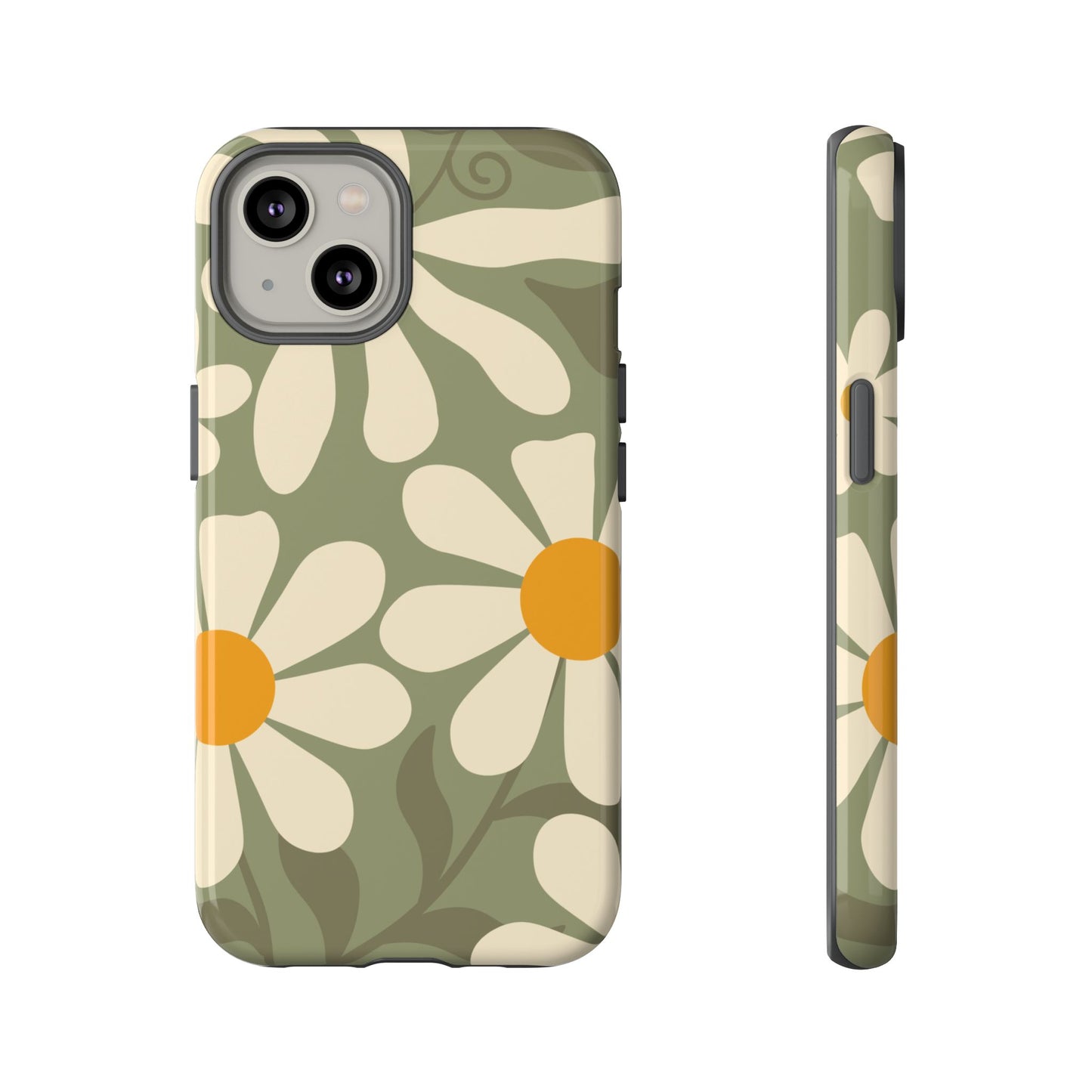 iPhone 14 / Glossy Phone Case - ’Retro Green Daisy Pattern #2’ Phone Case