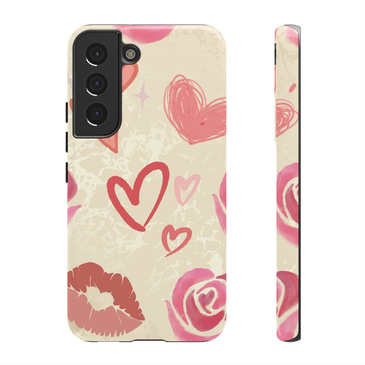 Samsung Galaxy S22 / Glossy Phone Case - ’Pink Heart & Rose Pattern’ Phone Case