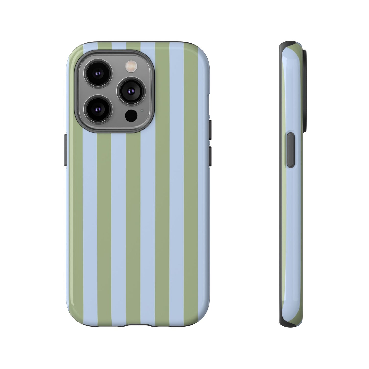 iPhone 14 Pro / Glossy Phone Case - Trendy Ice Blue & Green Stripe Pattern Phone Case