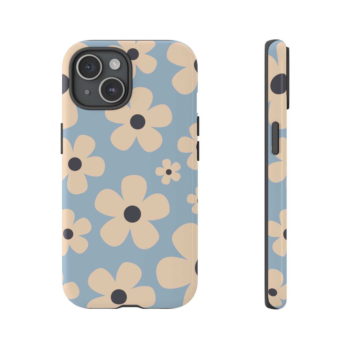 iPhone 15 / Glossy Phone Case - Cute Light Blue & Cream Daisy Pattern Phone Case