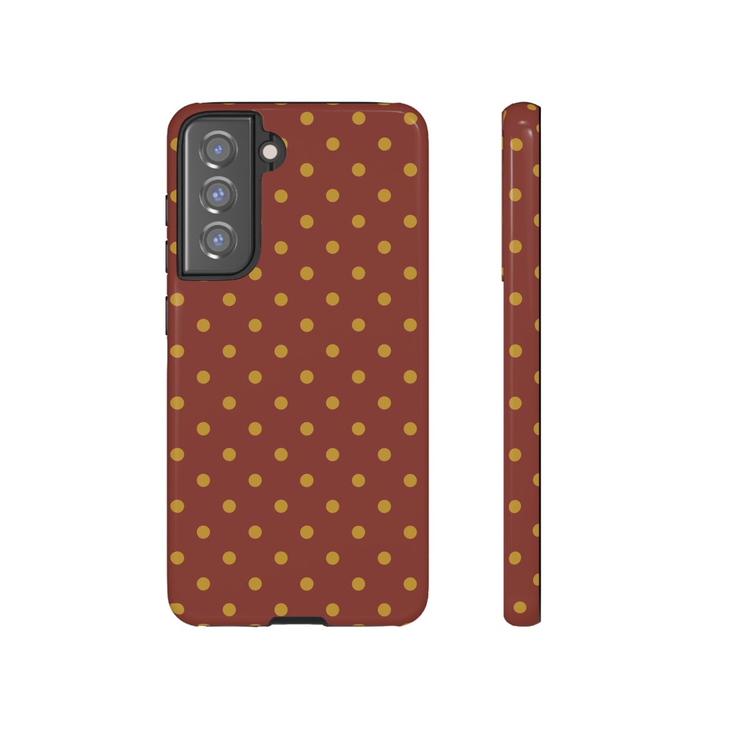 Samsung Galaxy S21 FE / Glossy Phone Case - Trendy Brown & Mustard Dot Pattern Phone Case