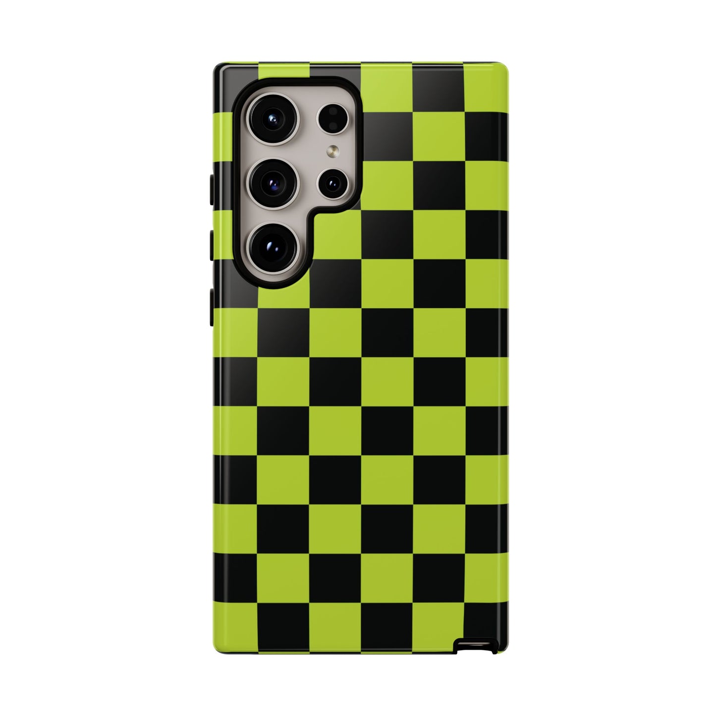 Samsung Galaxy S24 Ultra / Glossy Phone Case - Trendy Neon Lime Green & Black Checked Pattern Phone Case