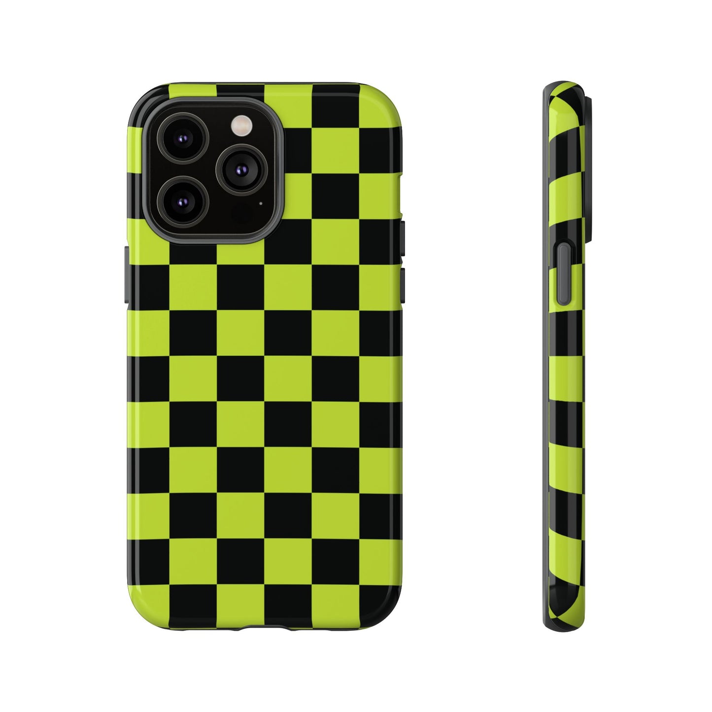 iPhone 14 Pro Max / Glossy Phone Case - Trendy Neon Lime Green & Black Checked Pattern Phone Case