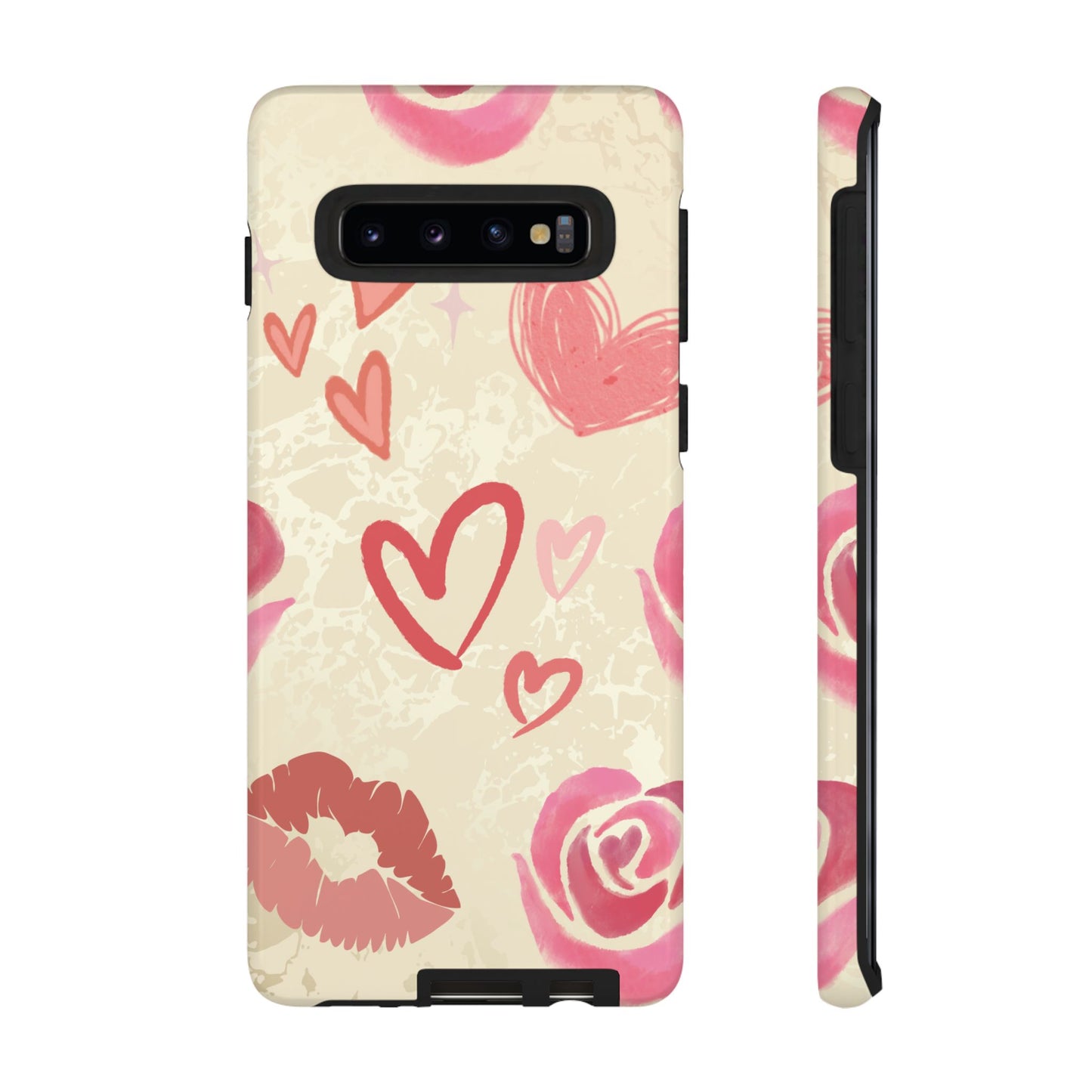 Samsung Galaxy S10 / Glossy Phone Case - ’Pink Heart & Rose Pattern’ Phone Case