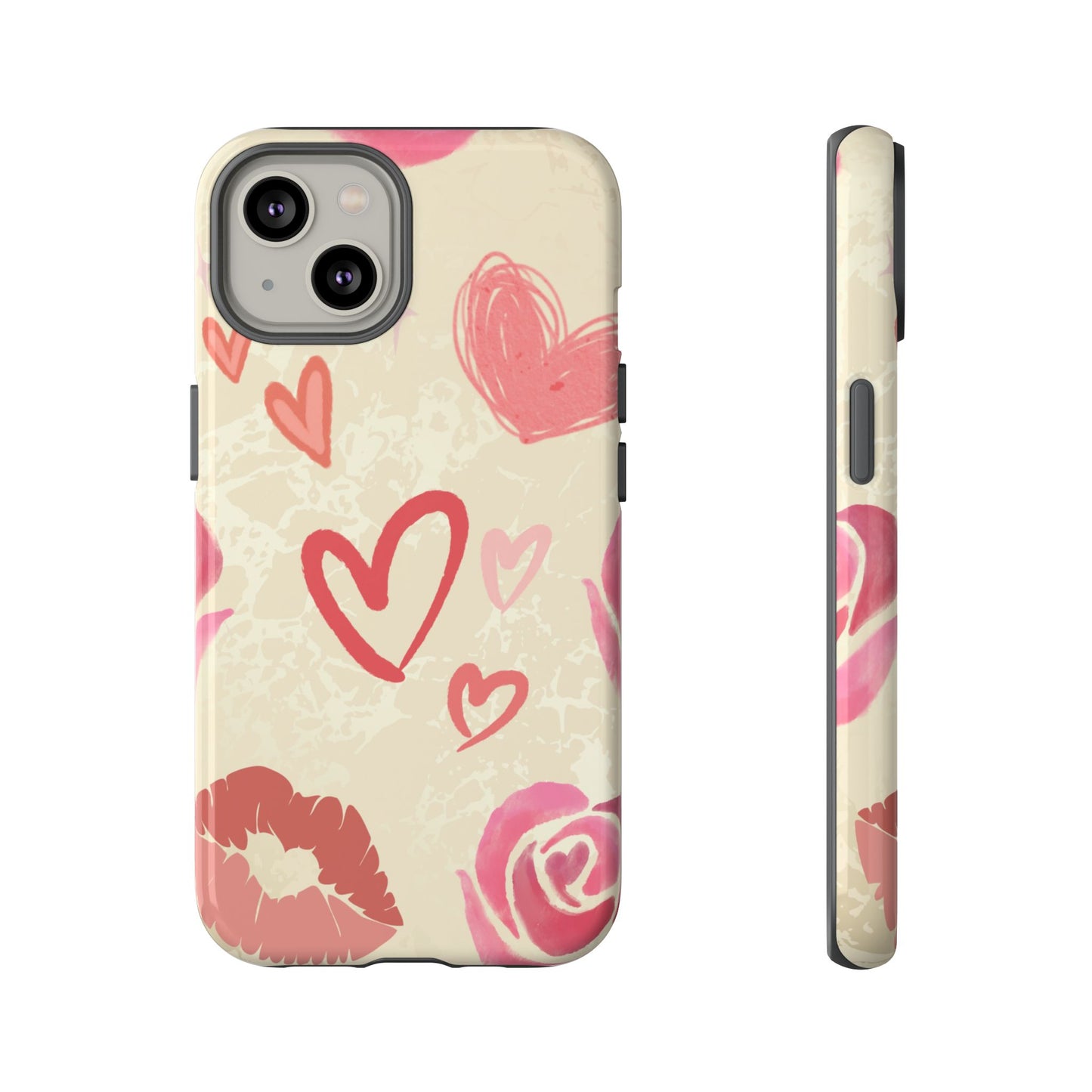 iPhone 14 / Glossy Phone Case - ’Pink Heart & Rose Pattern’ Phone Case