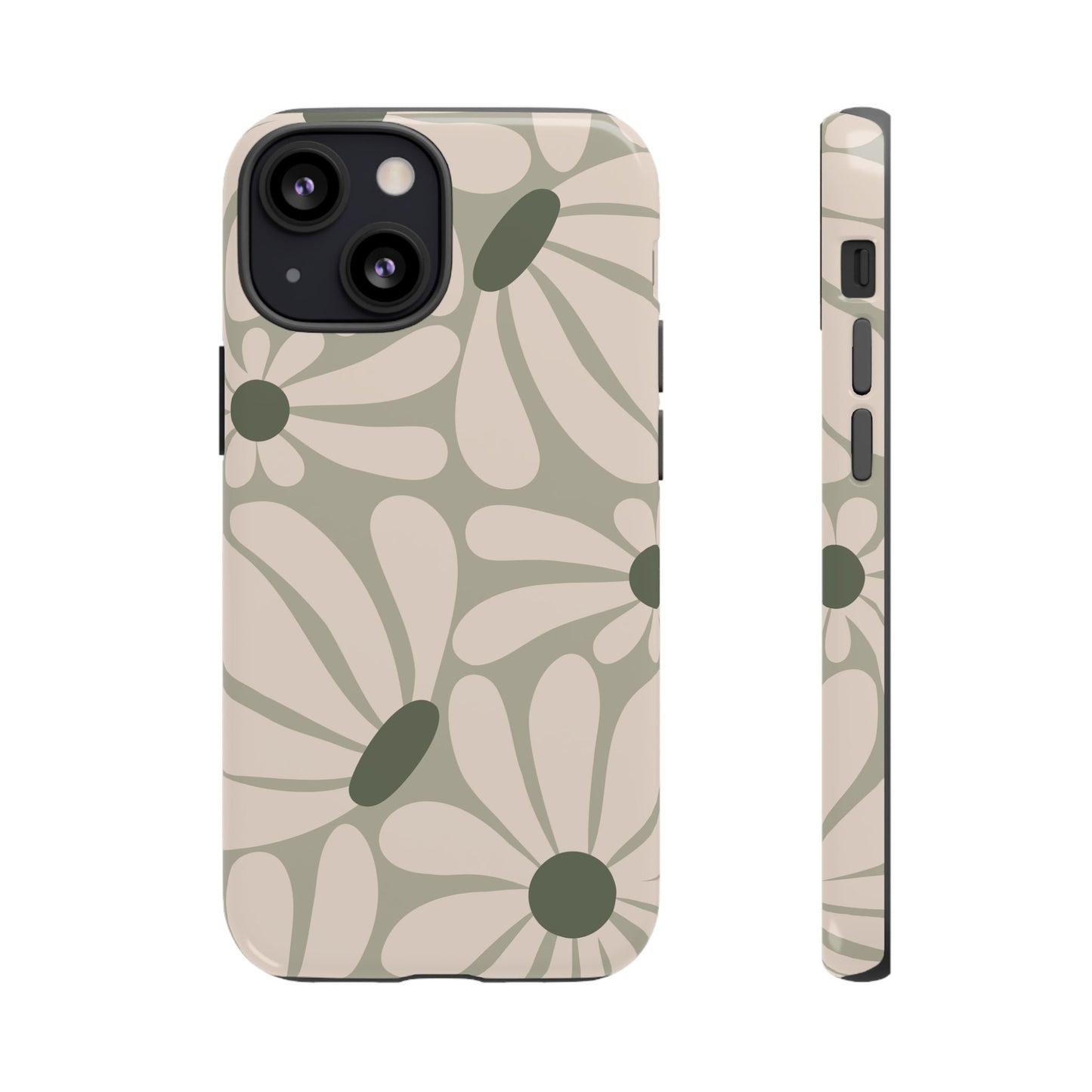 iPhone 13 Mini / Glossy Phone Case - ’Retro Cream & Green Daisy Pattern’ Phone Case