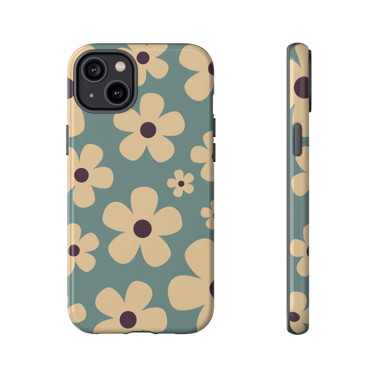 iPhone 14 Plus / Glossy Phone Case - Cute Blue & Cream Daisy Pattern Phone Case