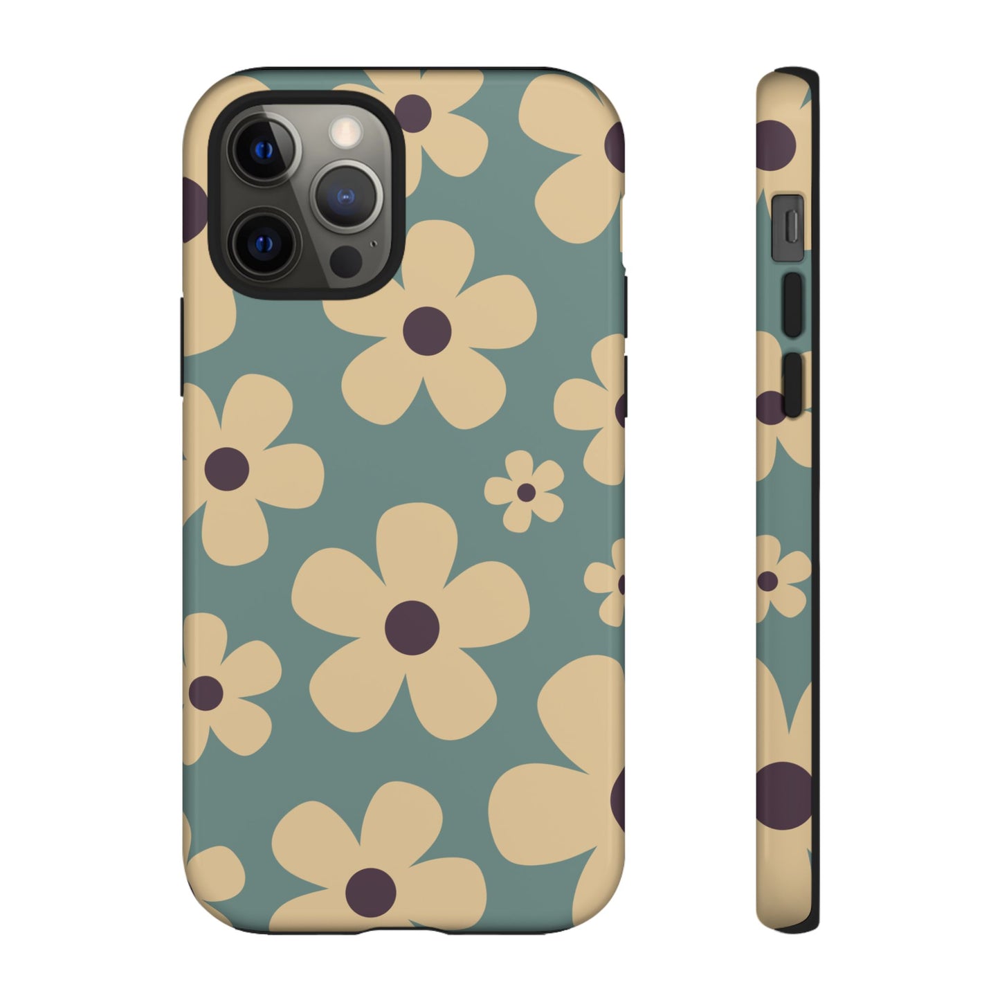 iPhone 12 Pro / Glossy Phone Case - Cute Blue & Cream Daisy Pattern Phone Case