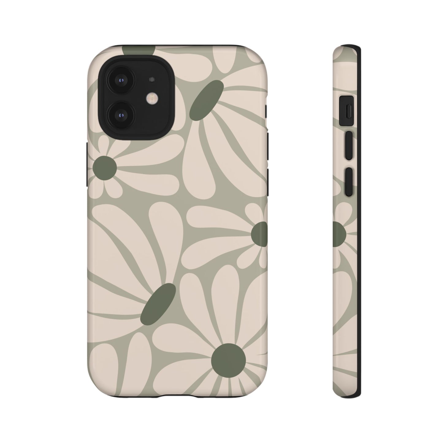 iPhone 12 Mini / Glossy Phone Case - ’Retro Cream & Green Daisy Pattern’ Phone Case