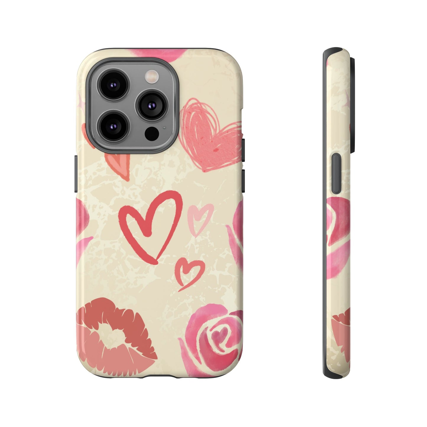 iPhone 14 Pro / Glossy Phone Case - ’Pink Heart & Rose Pattern’ Phone Case