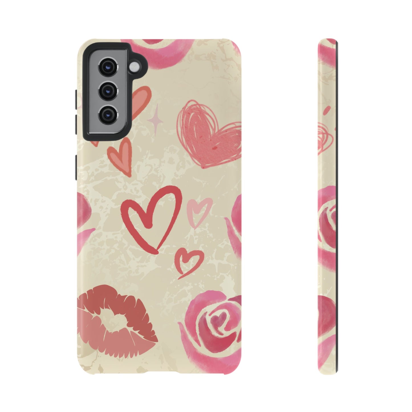 Samsung Galaxy S21 Plus / Glossy Phone Case - ’Pink Heart & Rose Pattern’ Phone Case