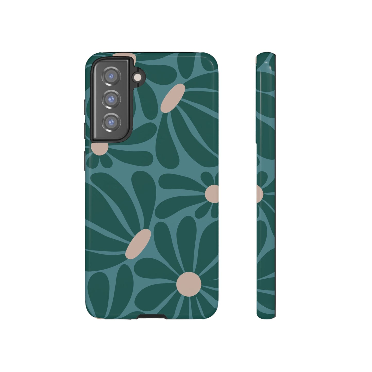 Samsung Galaxy S21 FE / Glossy Phone Case - ’Retro Turquoise Daisy Pattern’ Phone Case