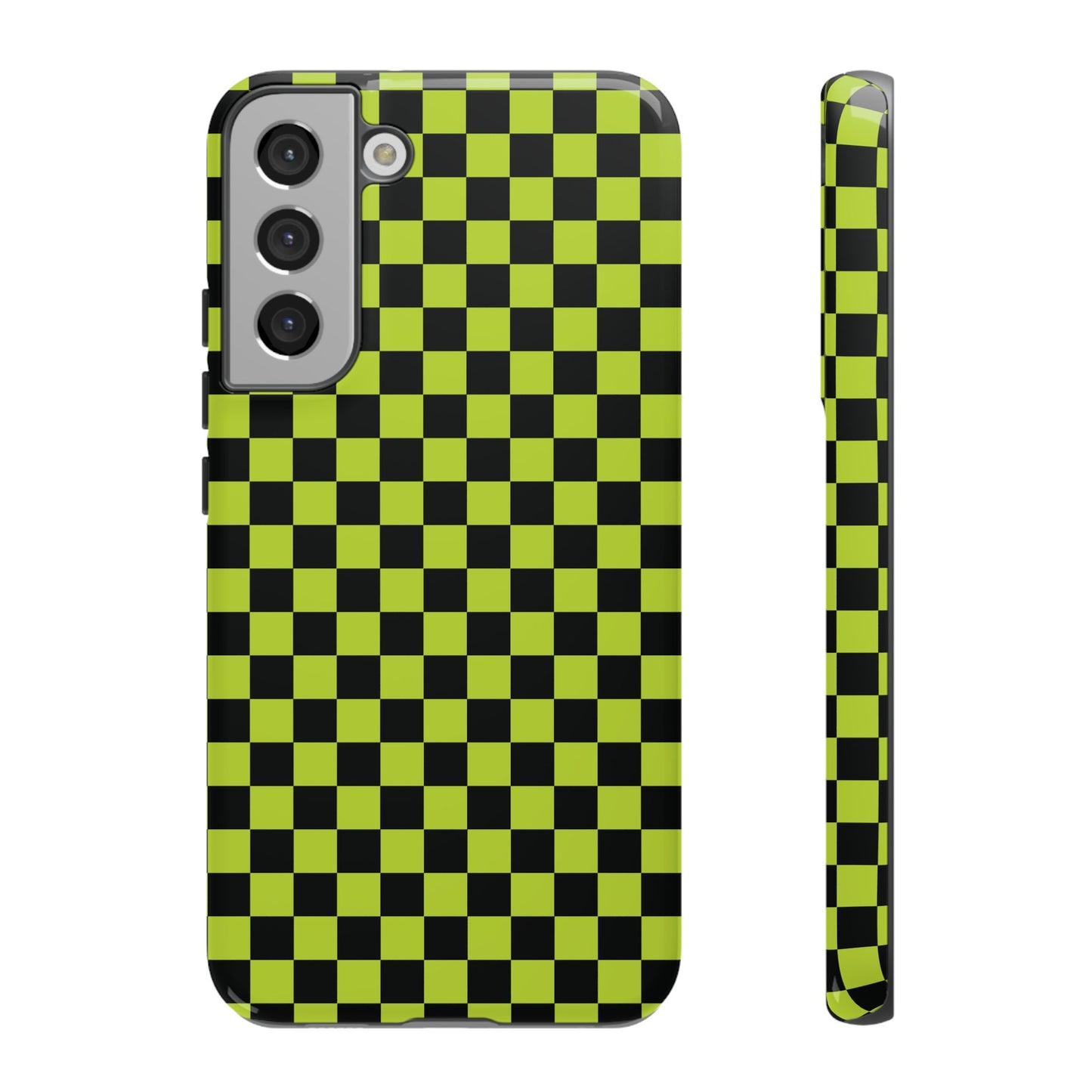 Samsung Galaxy S22 Plus / Glossy Phone Case - Trendy Neon Lime Green & Plum Small Checked Pattern Phone Case