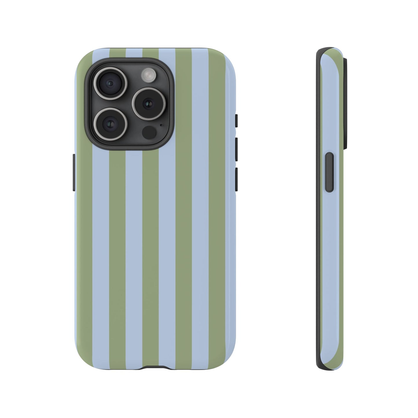 iPhone 15 Pro / Glossy Phone Case - Trendy Ice Blue & Green Stripe Pattern Phone Case