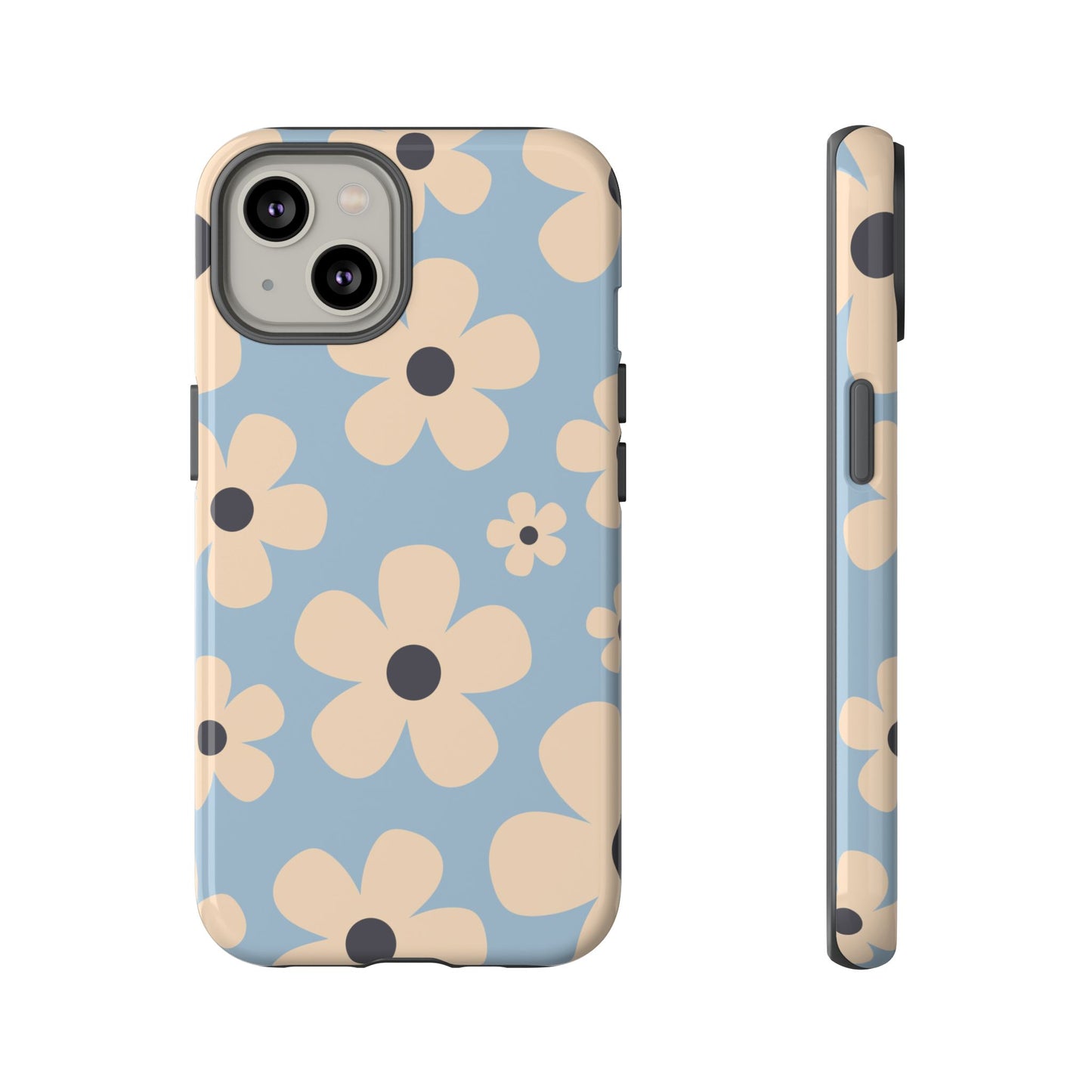 iPhone 14 / Glossy Phone Case - Cute Light Blue & Cream Daisy Pattern Phone Case