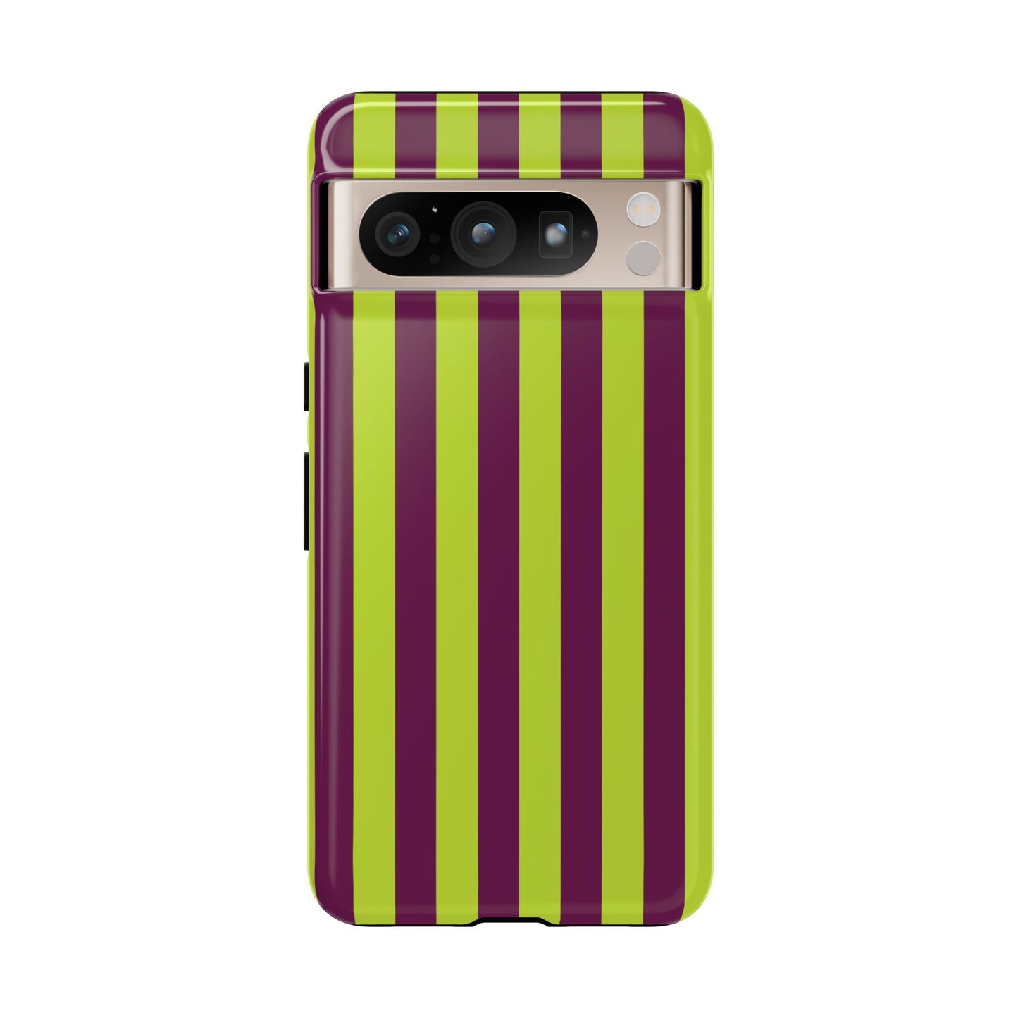 Google Pixel 8 Pro / Glossy Phone Case - Trendy Neon Lime Green & Plum Stripe Pattern Phone Case