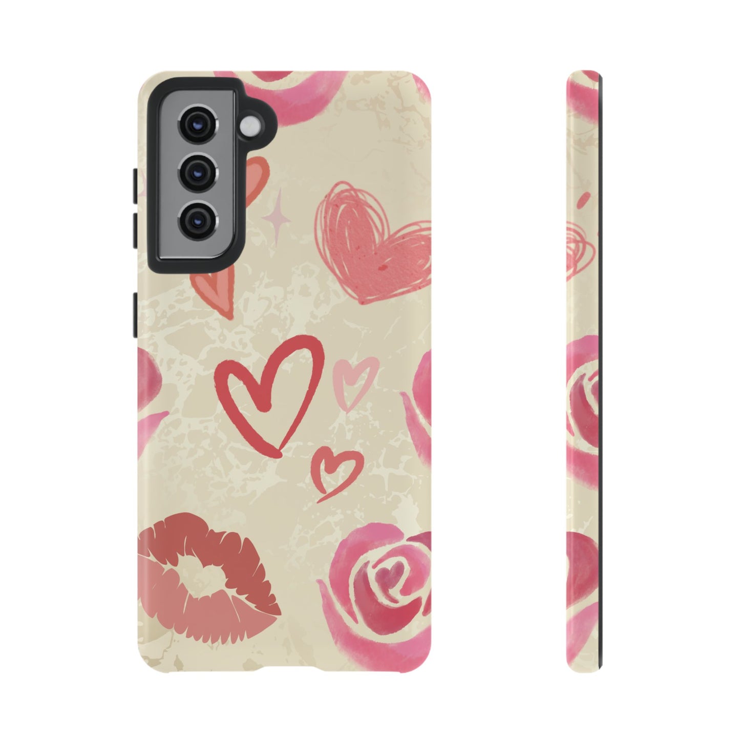Samsung Galaxy S21 / Glossy Phone Case - ’Pink Heart & Rose Pattern’ Phone Case