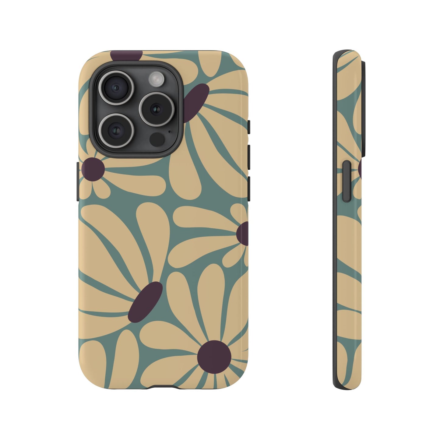 iPhone 15 Pro / Glossy Phone Case - ’Retro Cream & Blue Daisy Pattern’ Phone Case