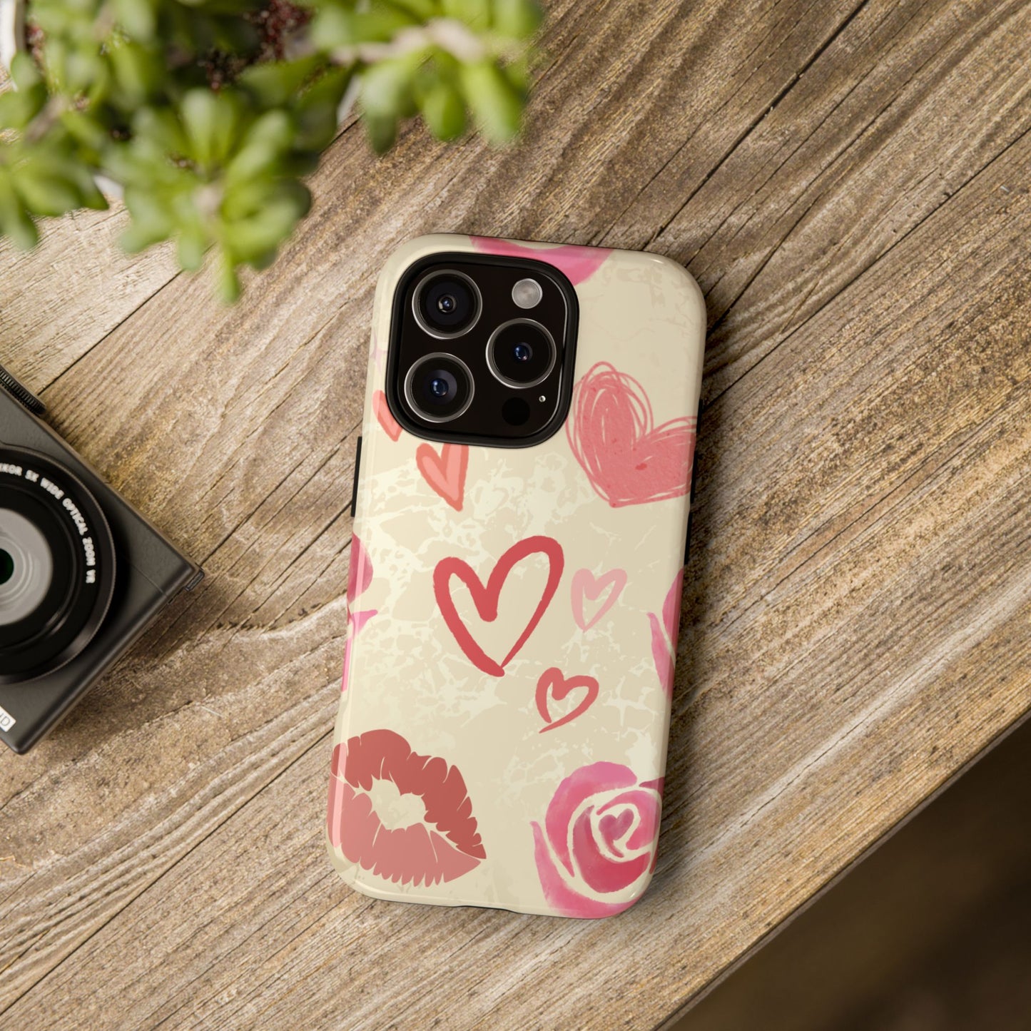 Phone Case - ’Pink Heart & Rose Pattern’ Phone Case