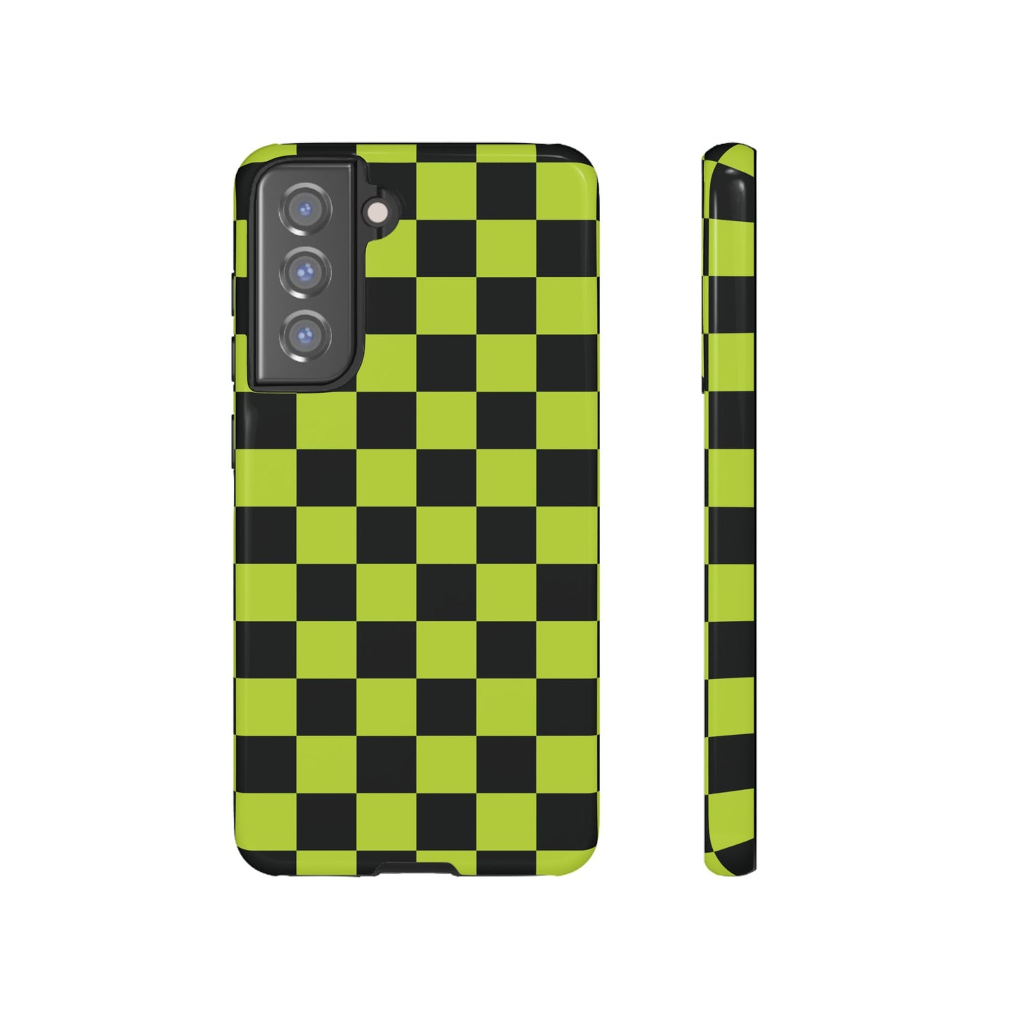 Samsung Galaxy S21 FE / Glossy Phone Case - Trendy Neon Lime Green & Black Checked Pattern Phone Case