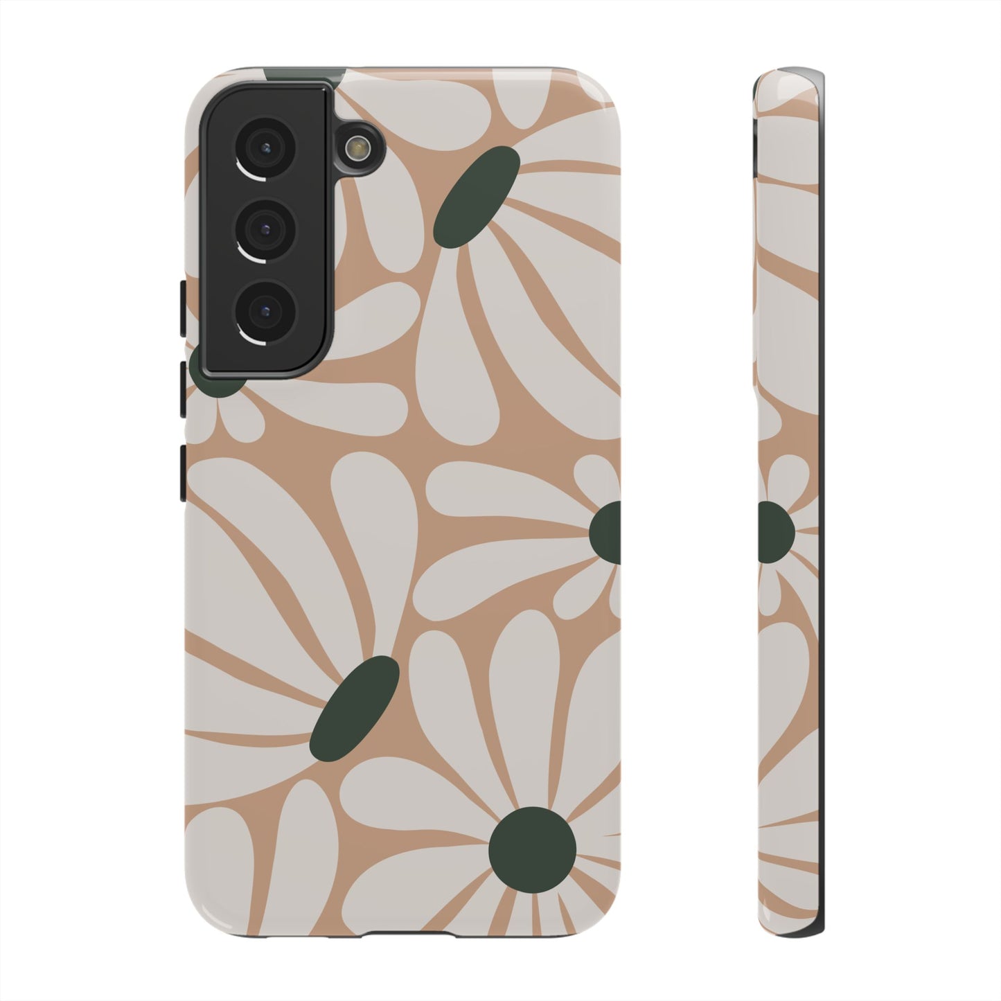 Samsung Galaxy S22 / Glossy Phone Case - ’Retro Beige & White Daisy Pattern’ Phone Case
