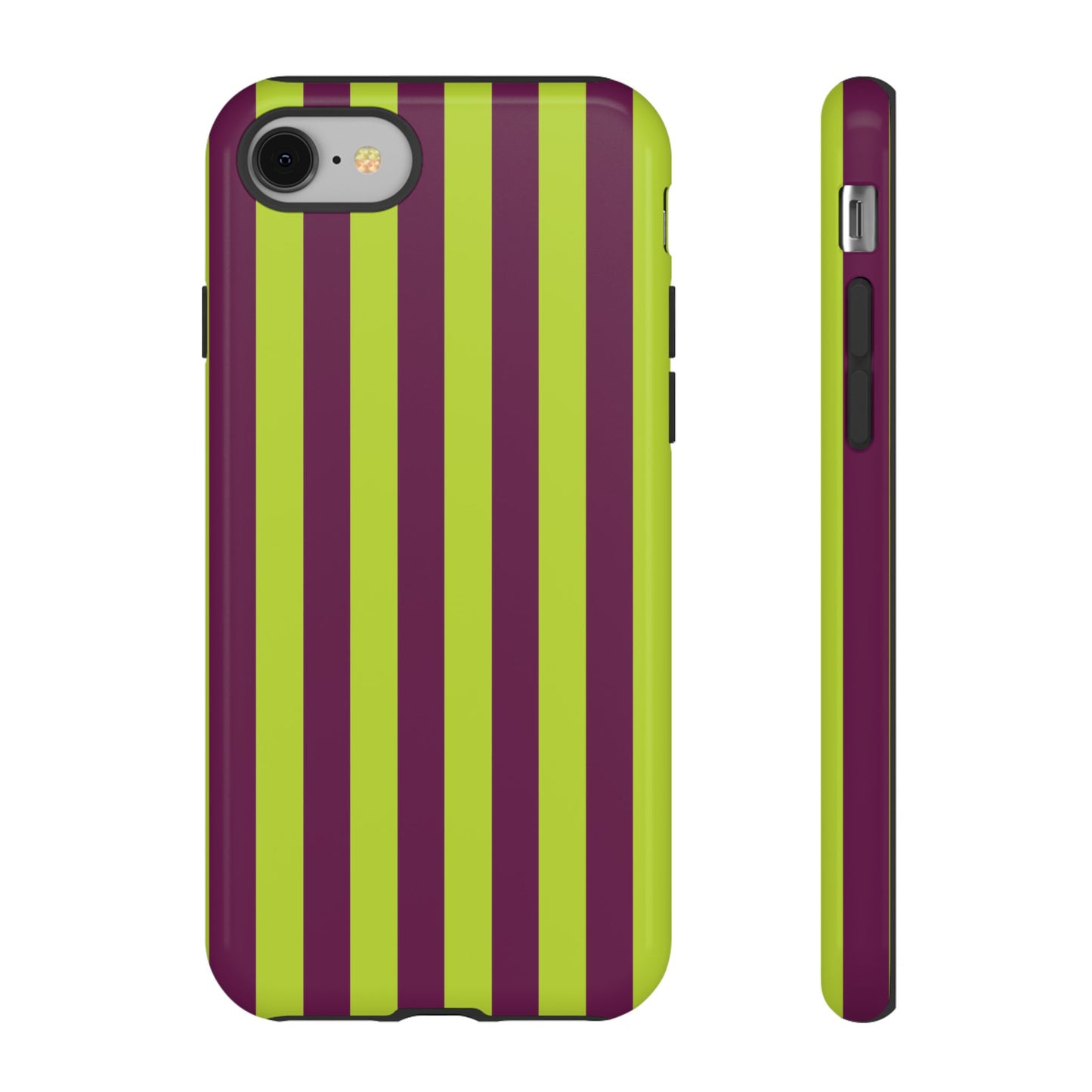 iPhone 8 / Glossy Phone Case - Trendy Neon Lime Green & Plum Stripe Pattern Phone Case