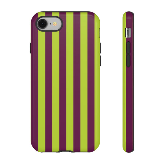 iPhone 8 / Glossy Phone Case - Trendy Neon Lime Green & Plum Stripe Pattern Phone Case