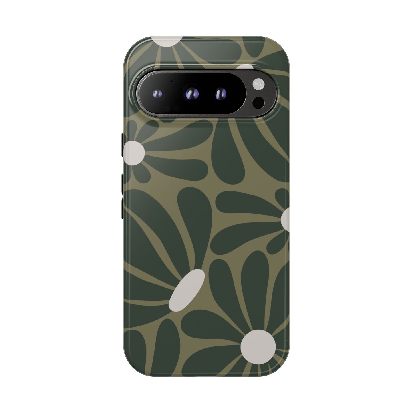 Google Pixel 9 Pro / Glossy Phone Case - ’Retro Olive Green Daisy Pattern’ Phone Case