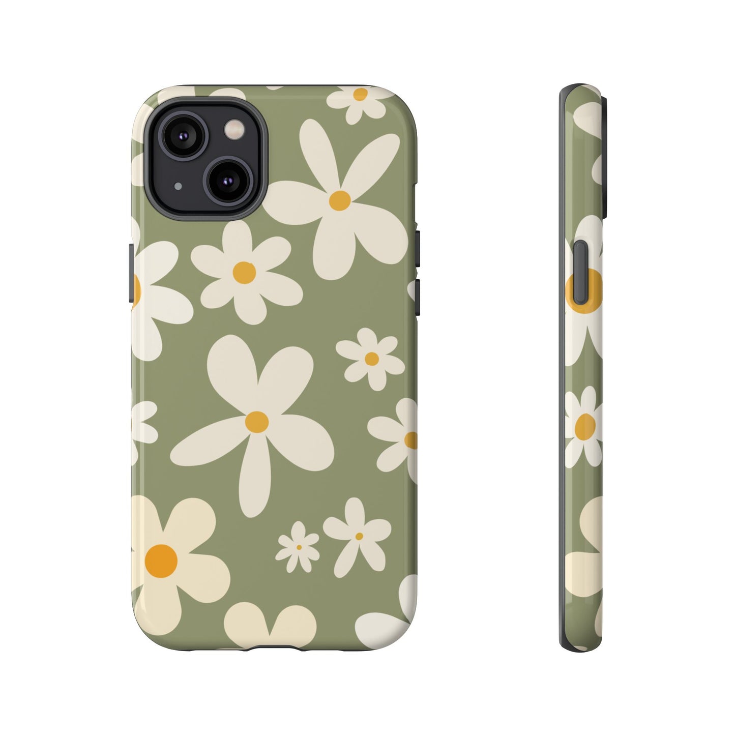 iPhone 14 Plus / Glossy Phone Case - ’Green Daisy Pattern’ Phone Case