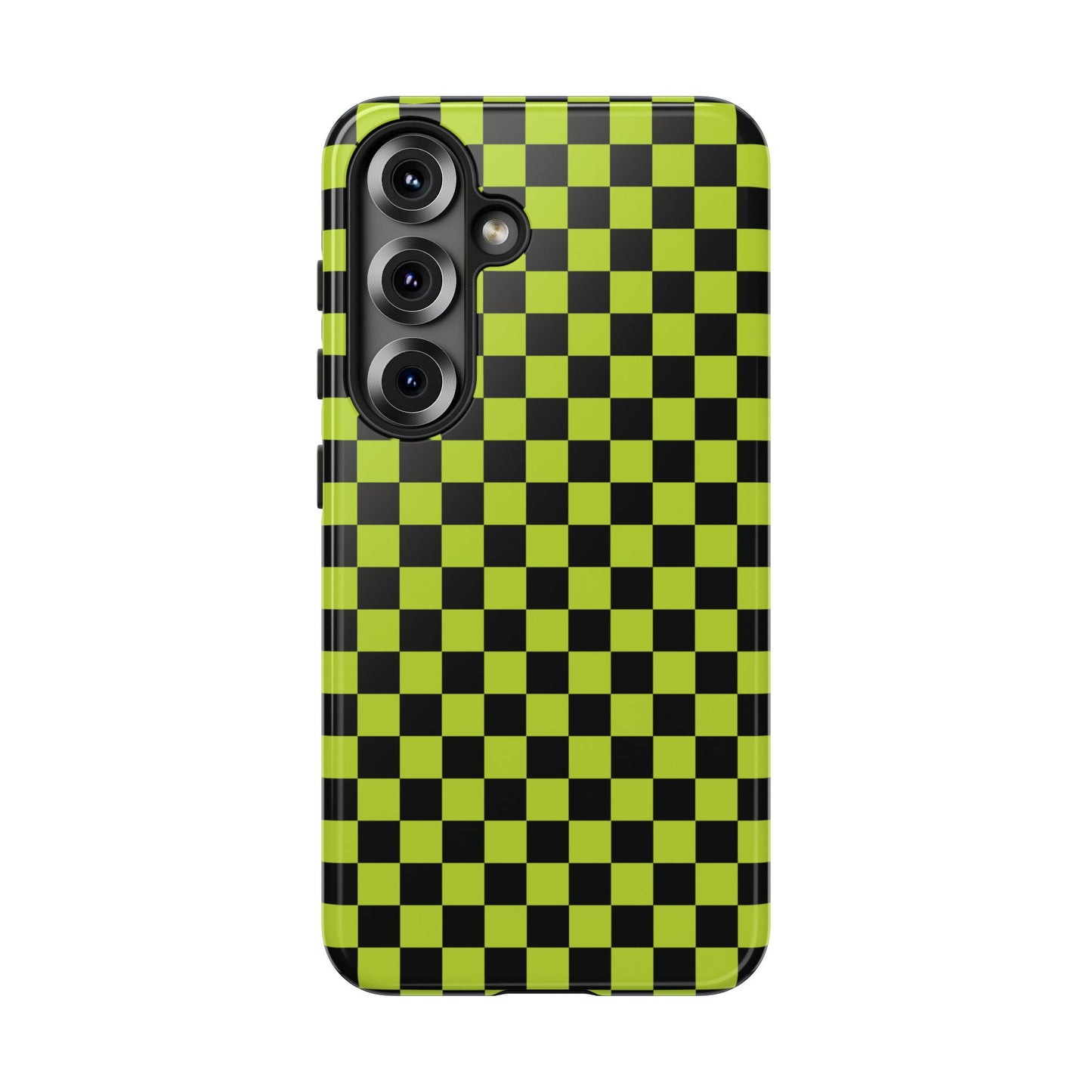 Samsung Galaxy S25 / Glossy Phone Case - Trendy Neon Lime Green & Plum Small Checked Pattern Phone Case