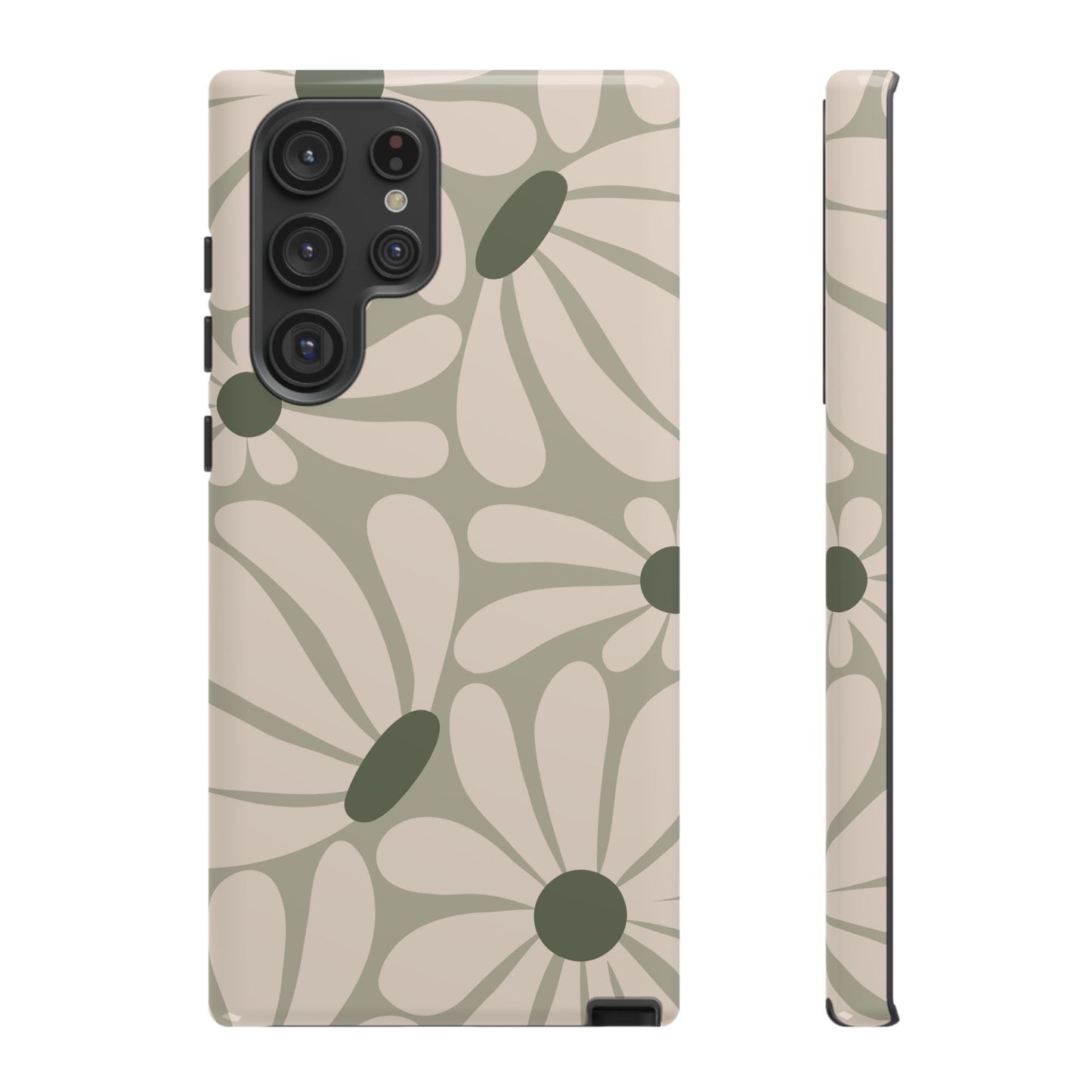 Samsung Galaxy S22 Ultra / Glossy Phone Case - ’Retro Cream & Green Daisy Pattern’ Phone Case