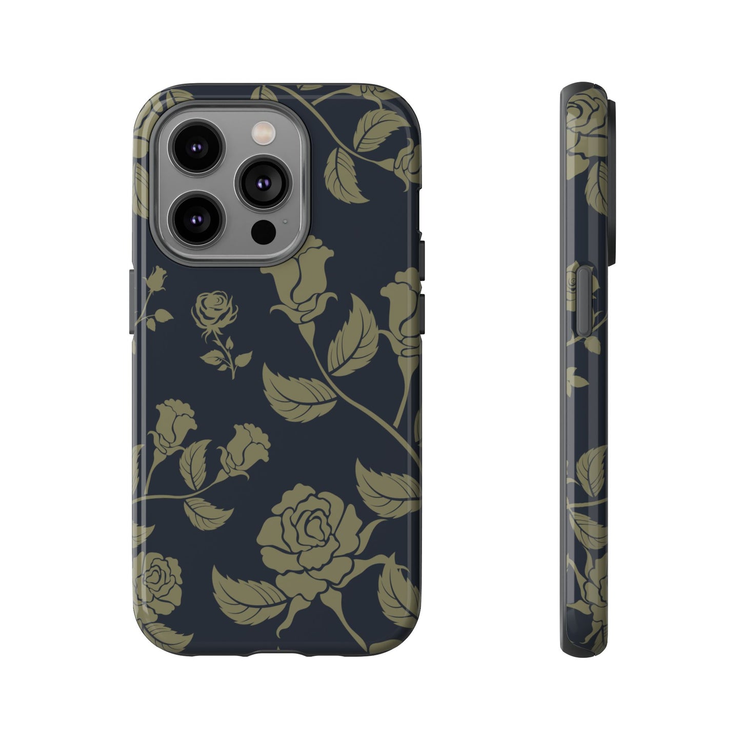 iPhone 14 Pro / Glossy Phone Case - ’Blue & Olive Rose Pattern’ Phone Case