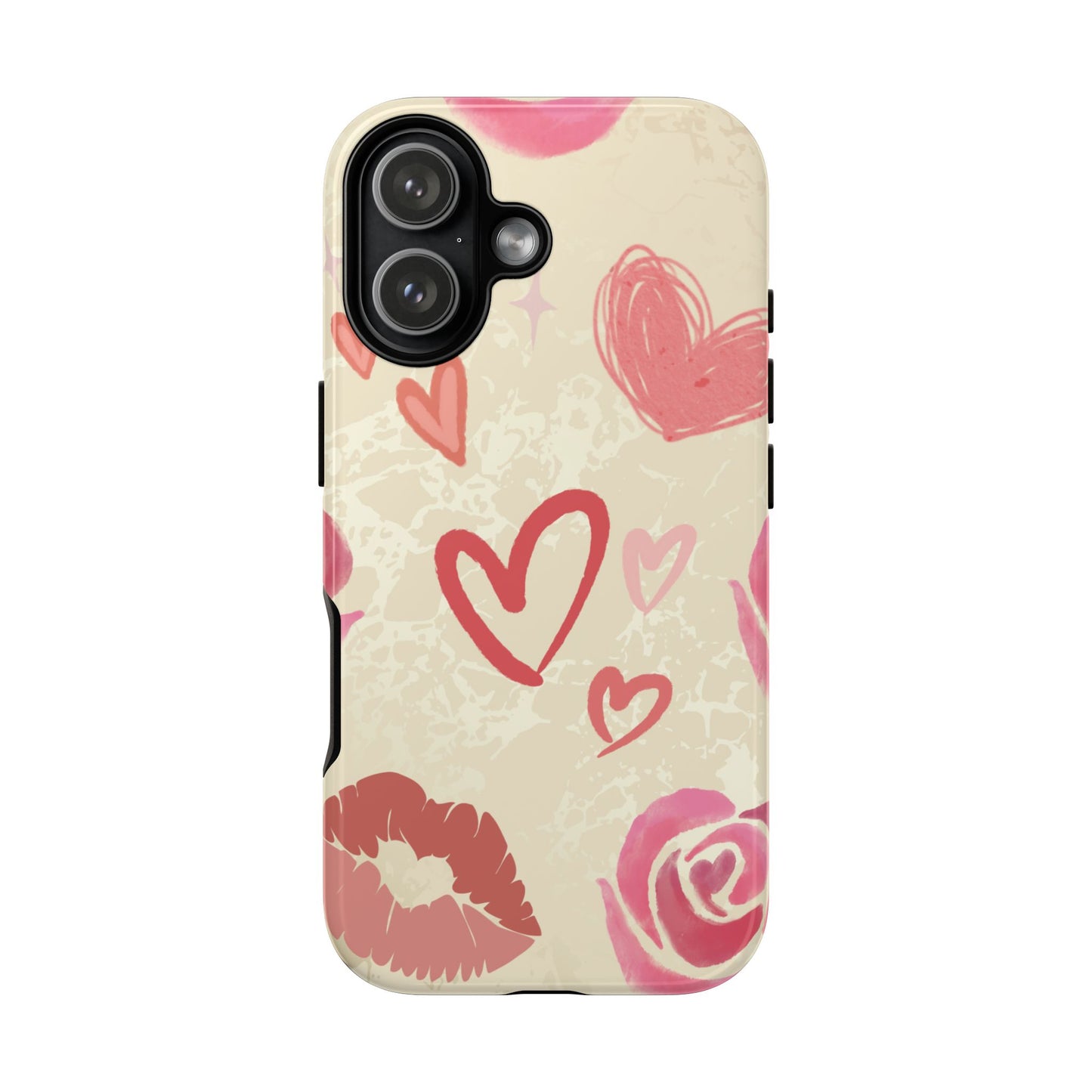 iPhone 17 / Glossy Phone Case - ’Pink Heart & Rose Pattern’ Phone Case