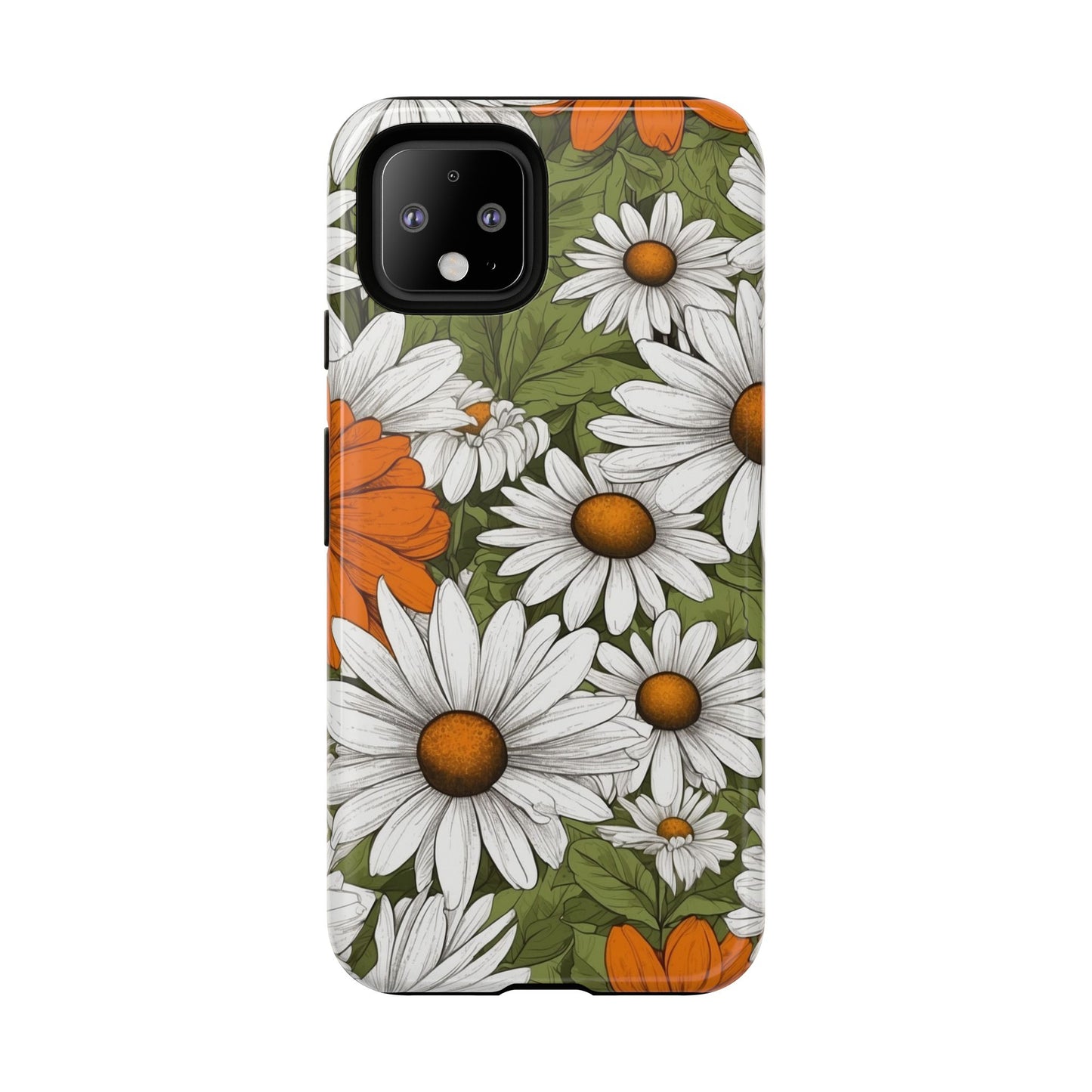 Boho Chic Daisies Floral Pattern "White, Orange & Green" Phone Case