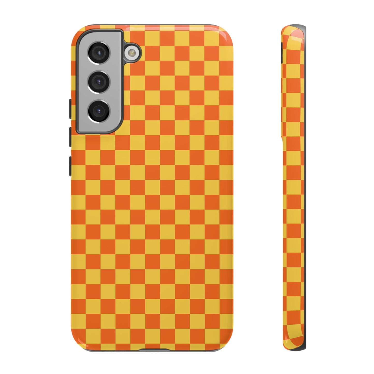 Samsung Galaxy S22 Plus / Glossy Phone Case - Trendy Orange & Yellow Small Checked Pattern Phone Case