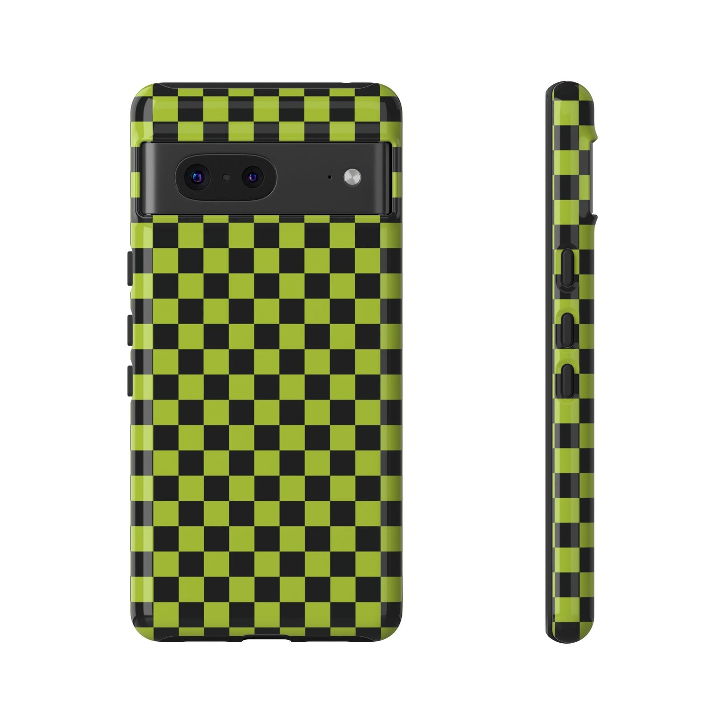 Google Pixel 7 / Glossy Phone Case - Trendy Neon Lime Green & Plum Small Checked Pattern Phone Case