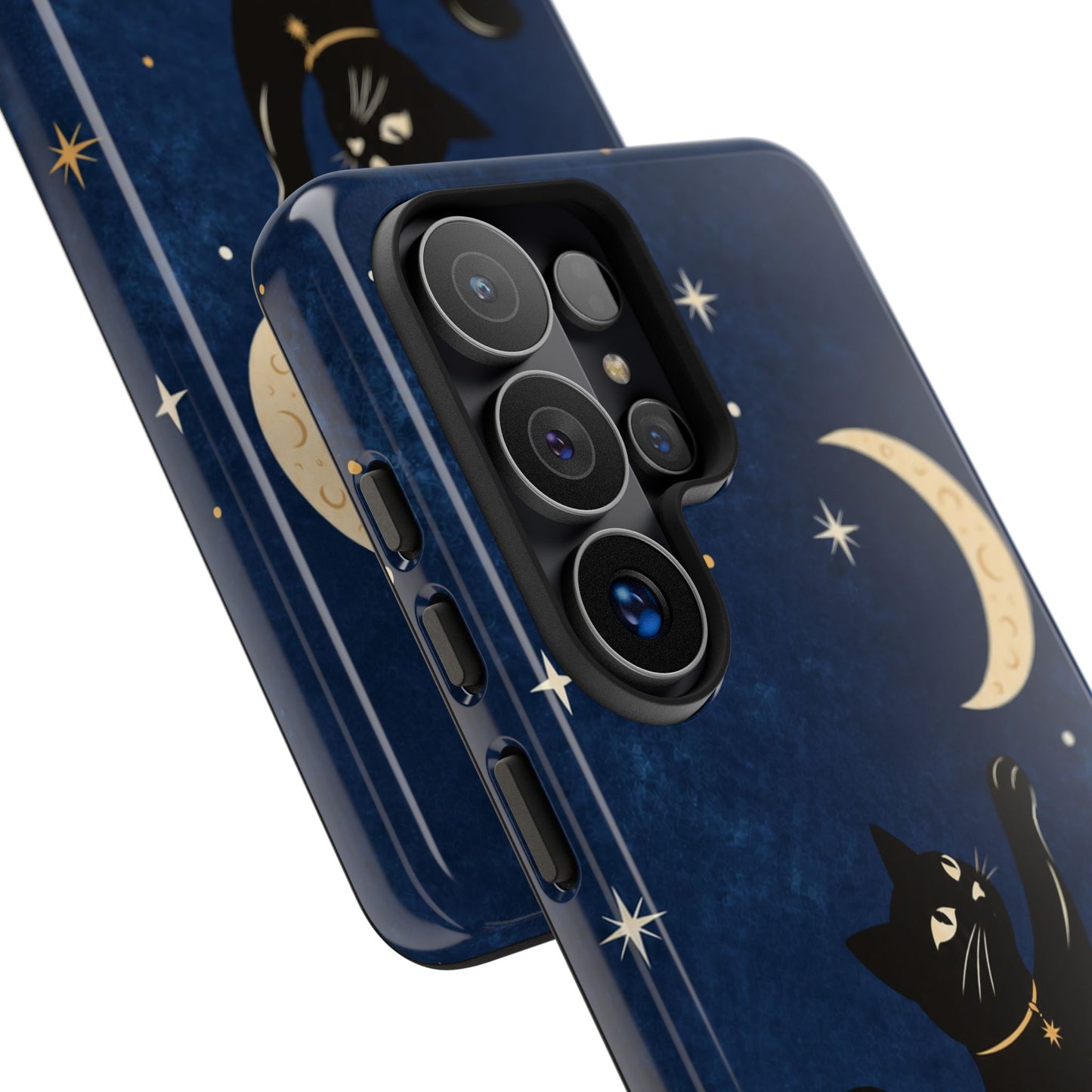 Whimsical Navy Blue Celestial Black Cat Phone Case