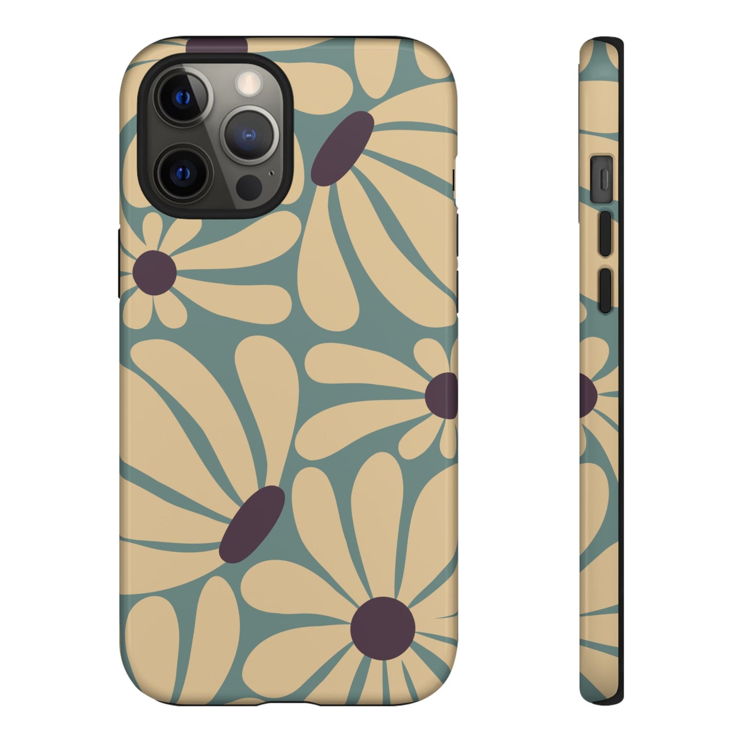 iPhone 12 Pro Max / Glossy Phone Case - ’Retro Cream & Blue Daisy Pattern’ Phone Case