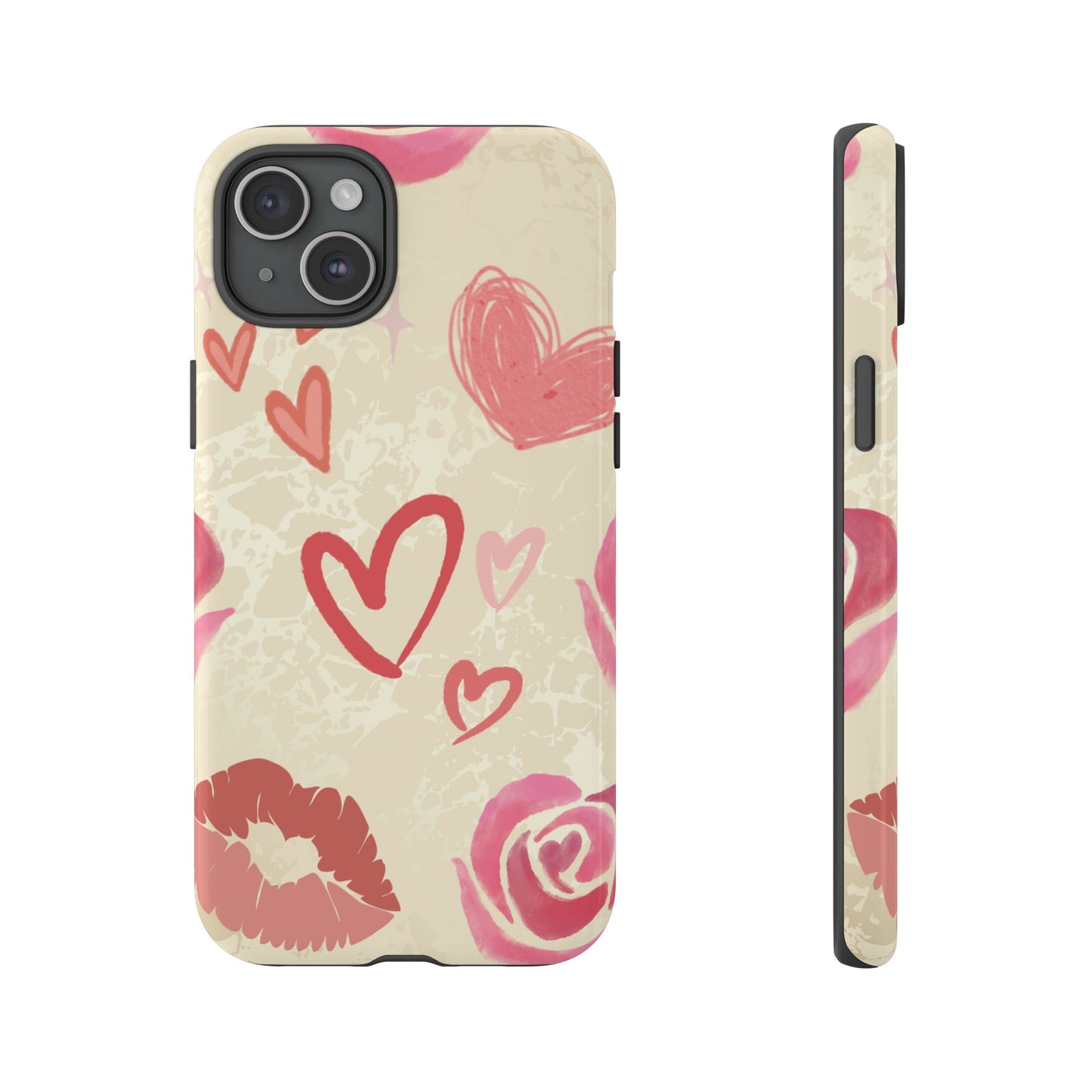 iPhone 15 Plus / Glossy Phone Case - ’Pink Heart & Rose Pattern’ Phone Case