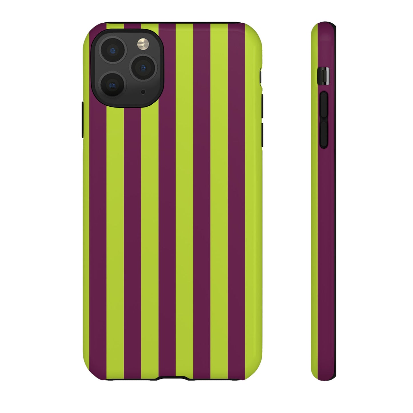 iPhone 11 Pro Max / Glossy Phone Case - Trendy Neon Lime Green & Plum Stripe Pattern Phone Case