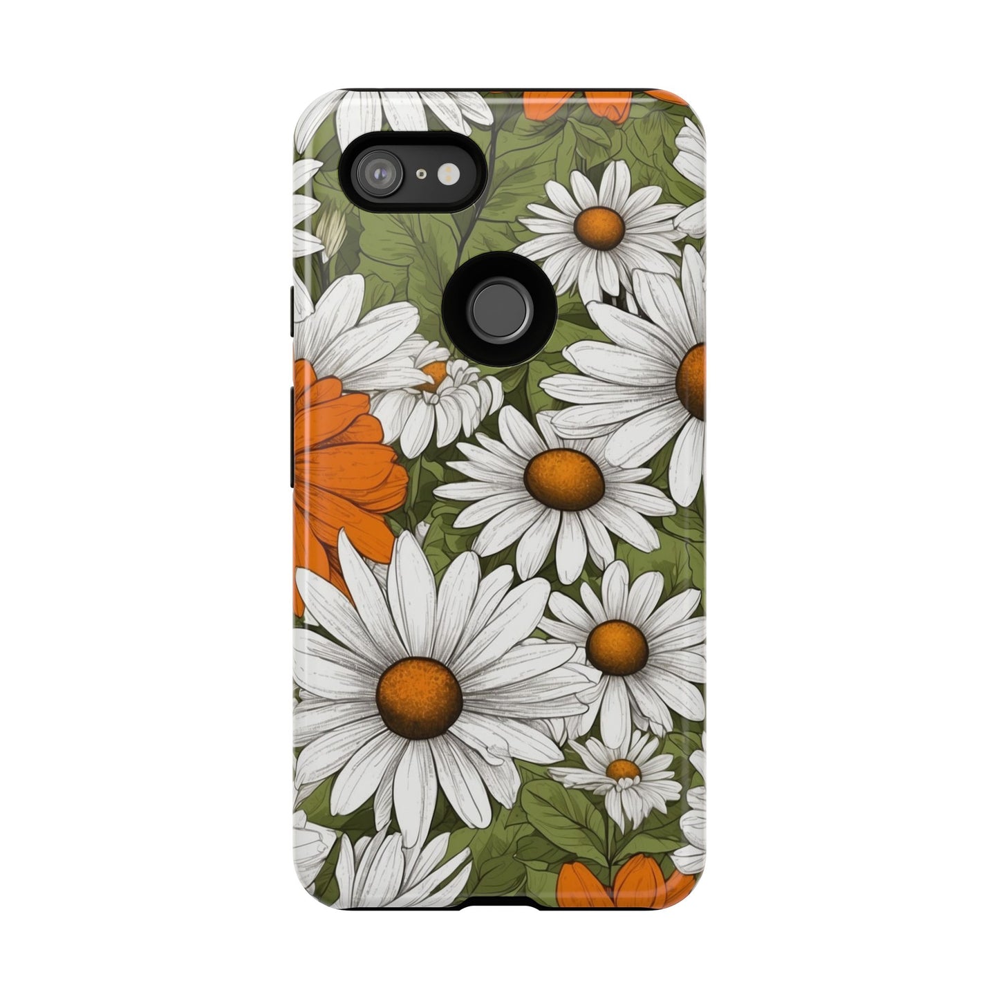 Boho Chic Daisies Floral Pattern "White, Orange & Green" Phone Case