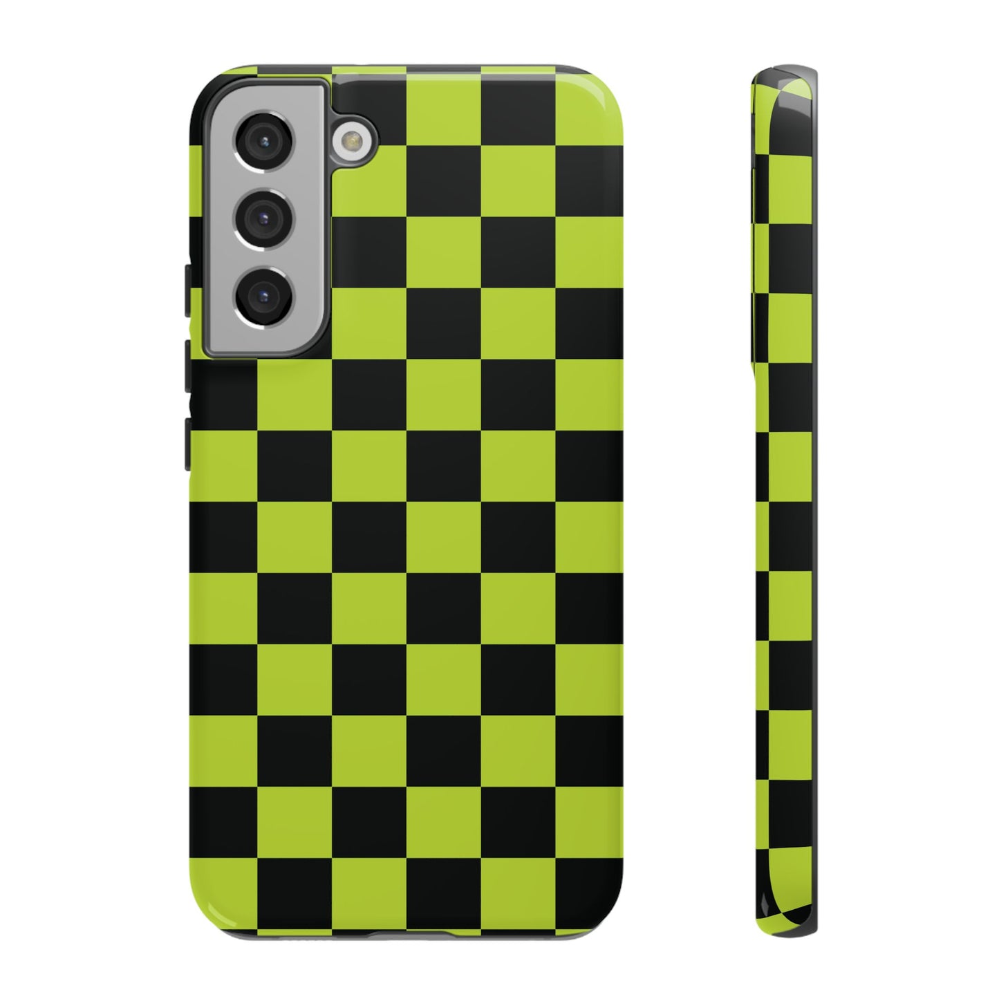 Samsung Galaxy S22 Plus / Glossy Phone Case - Trendy Neon Lime Green & Black Checked Pattern Phone Case