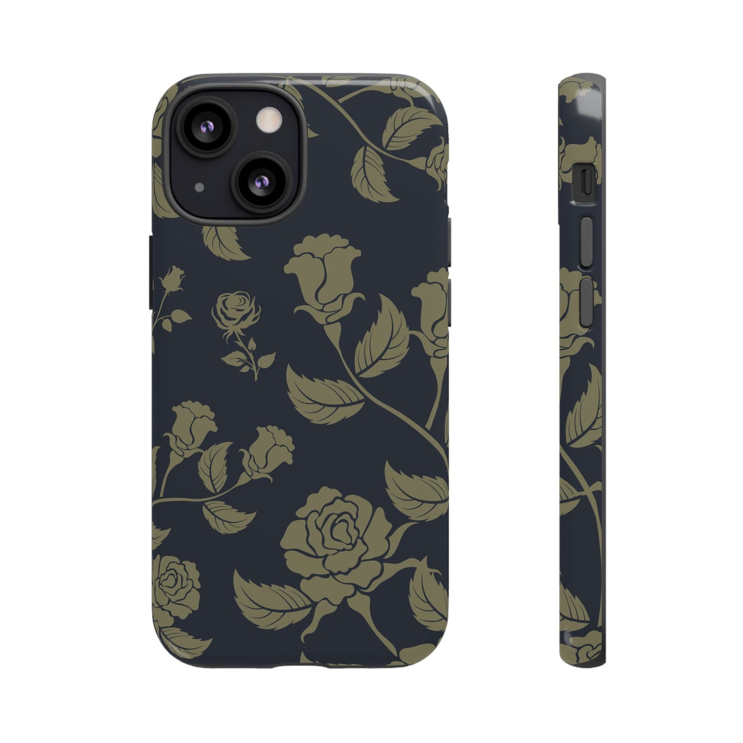 iPhone 13 Mini / Glossy Phone Case - ’Blue & Olive Rose Pattern’ Phone Case