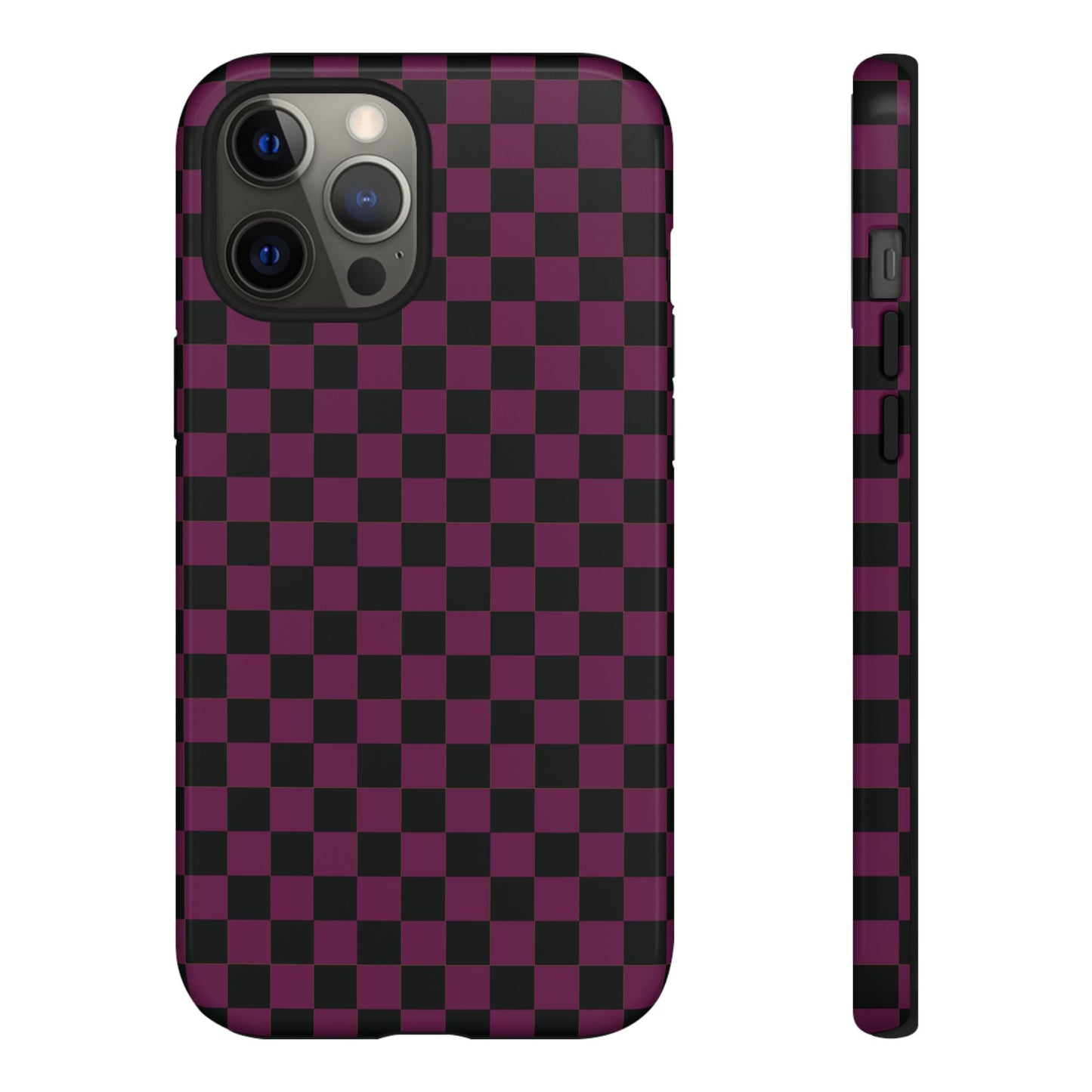 iPhone 12 Pro Max / Glossy Phone Case - Trendy Plum & Black Small Checked Pattern Phone Case