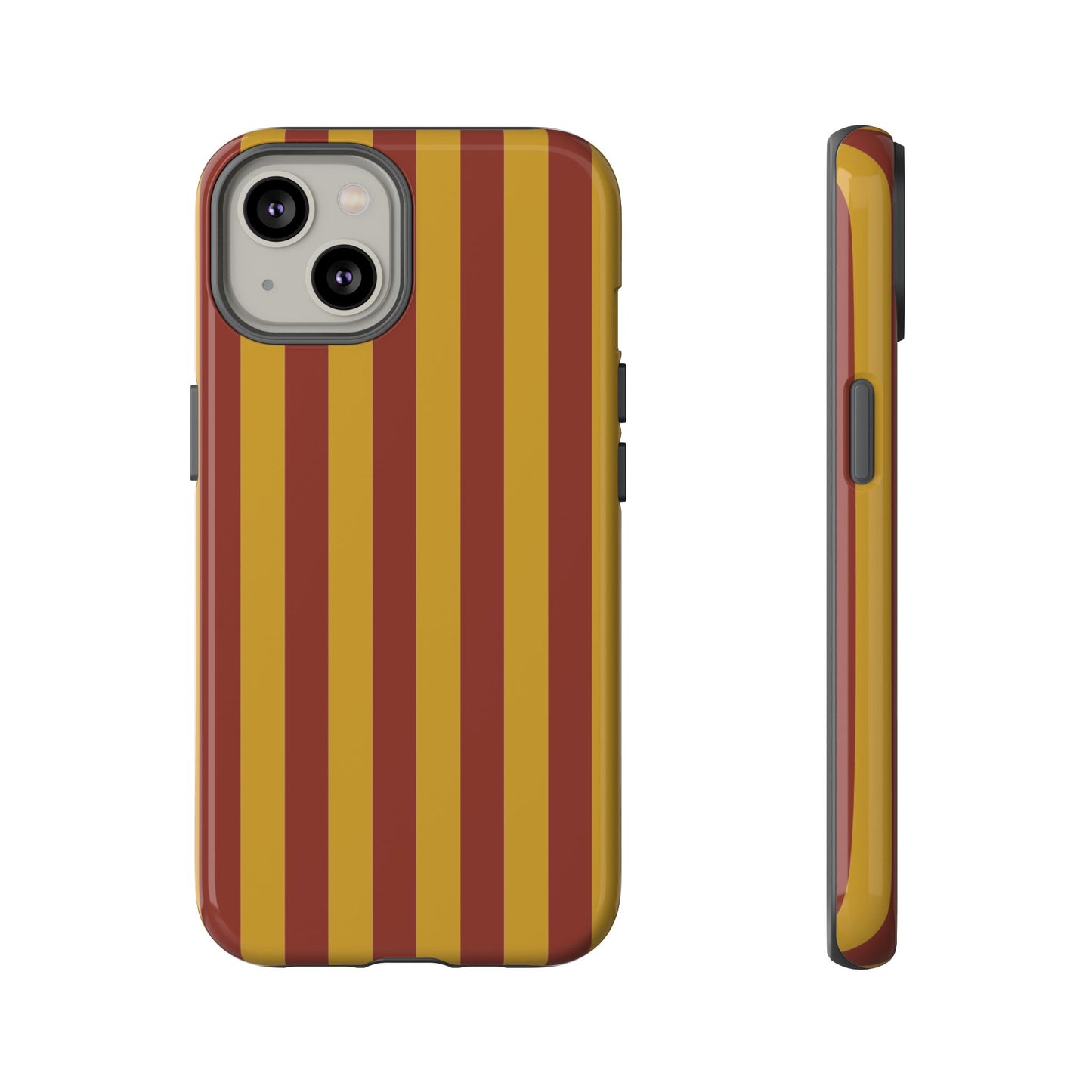 iPhone 14 / Glossy Phone Case - Trendy Mustard & Burgandy Stripe Pattern Phone Case