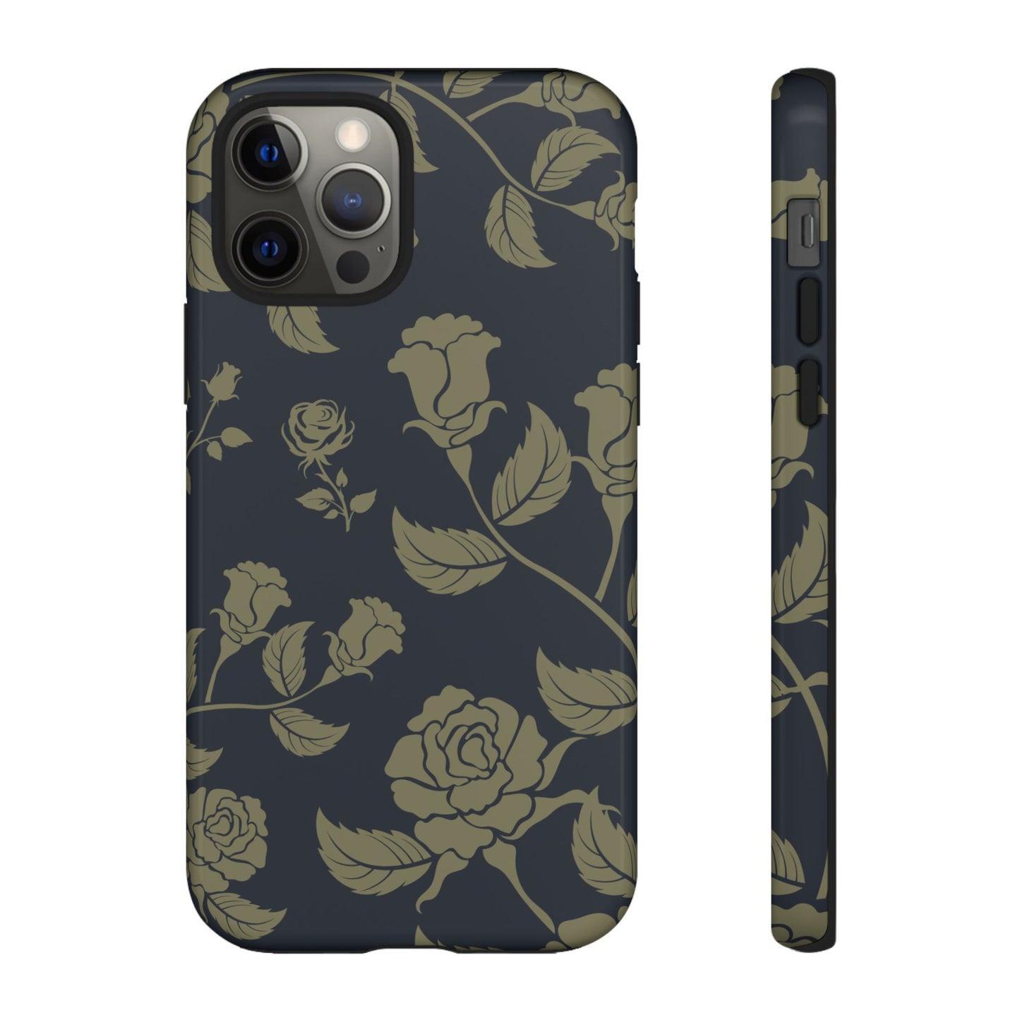 iPhone 12 Pro / Glossy Phone Case - ’Blue & Olive Rose Pattern’ Phone Case