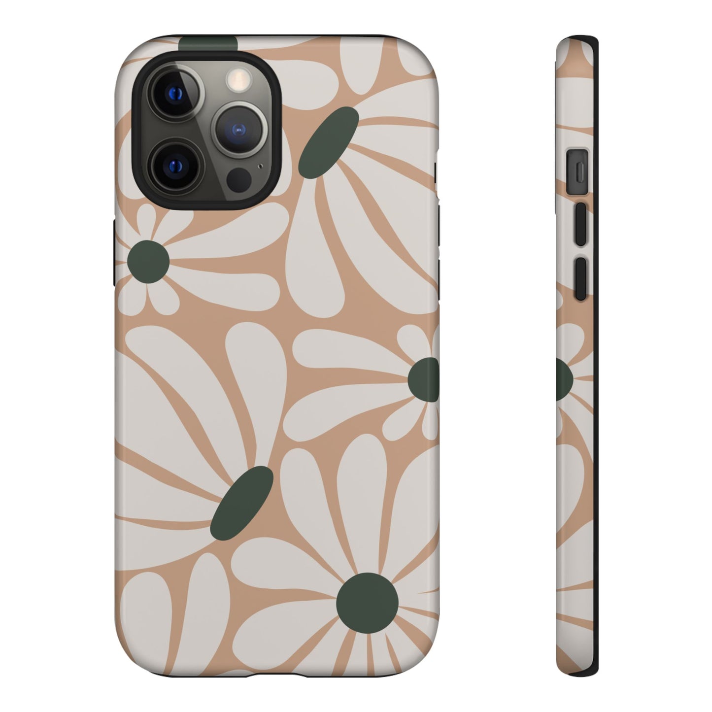 iPhone 12 Pro Max / Glossy Phone Case - ’Retro Beige & White Daisy Pattern’ Phone Case