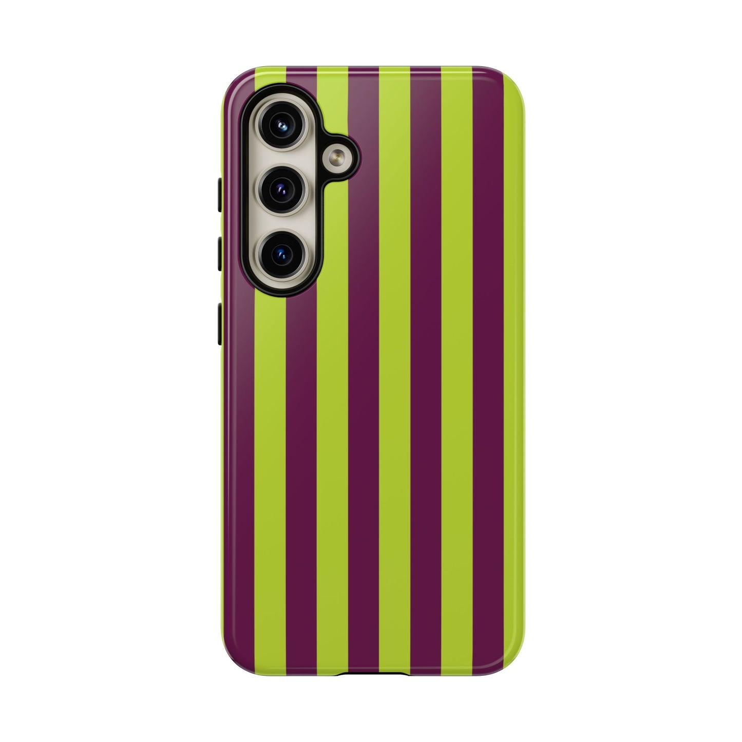 Samsung Galaxy S24 / Glossy Phone Case - Trendy Neon Lime Green & Plum Stripe Pattern Phone Case