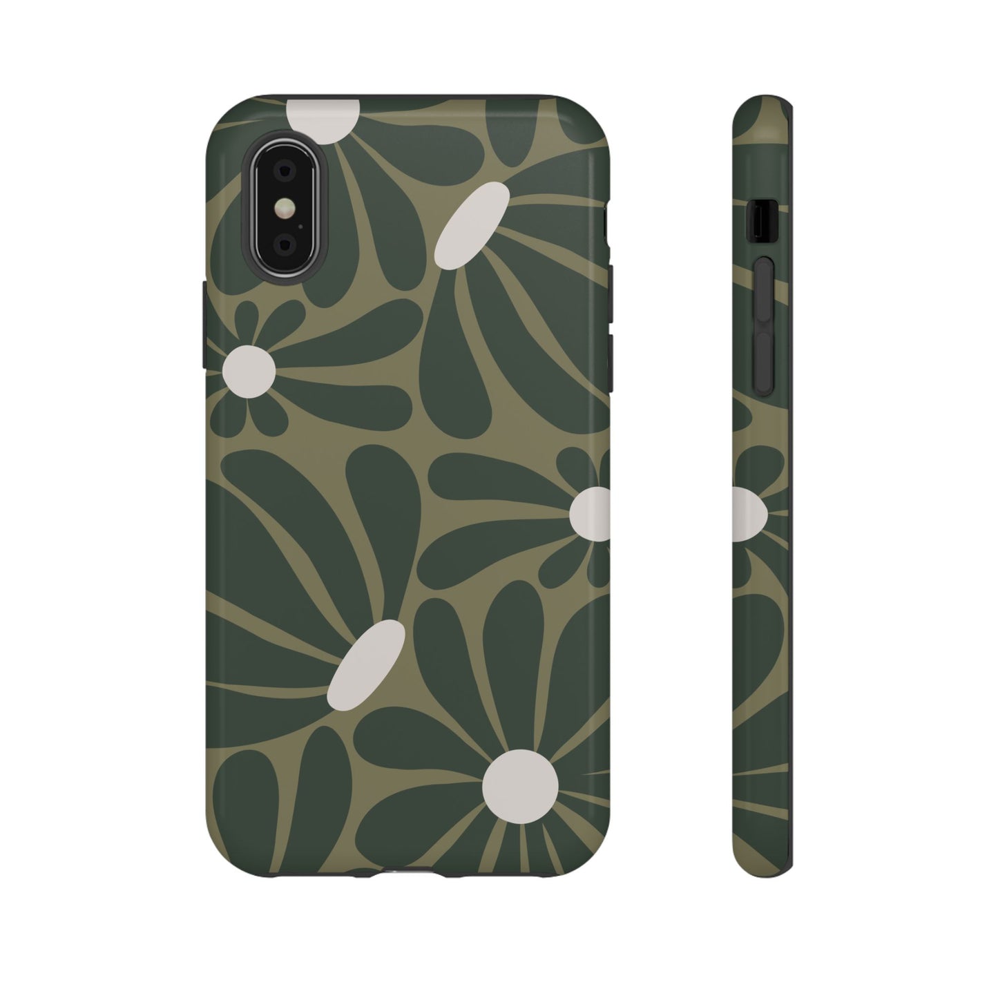 iPhone XS / Glossy Phone Case - ’Retro Olive Green Daisy Pattern’ Phone Case